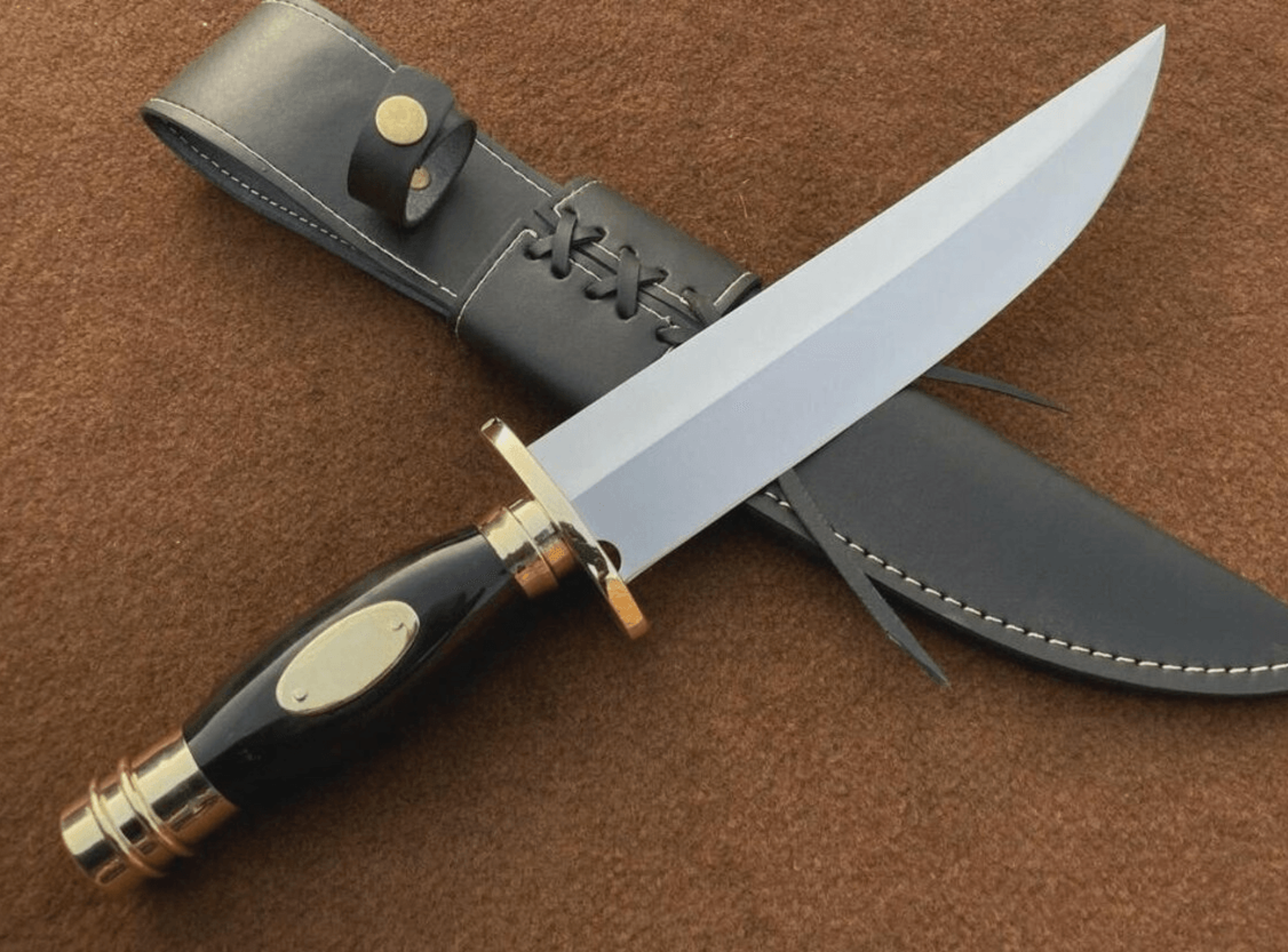 searless bowie knife | handmade d2 steel knife | buffalo horn handle, leather sheath 82