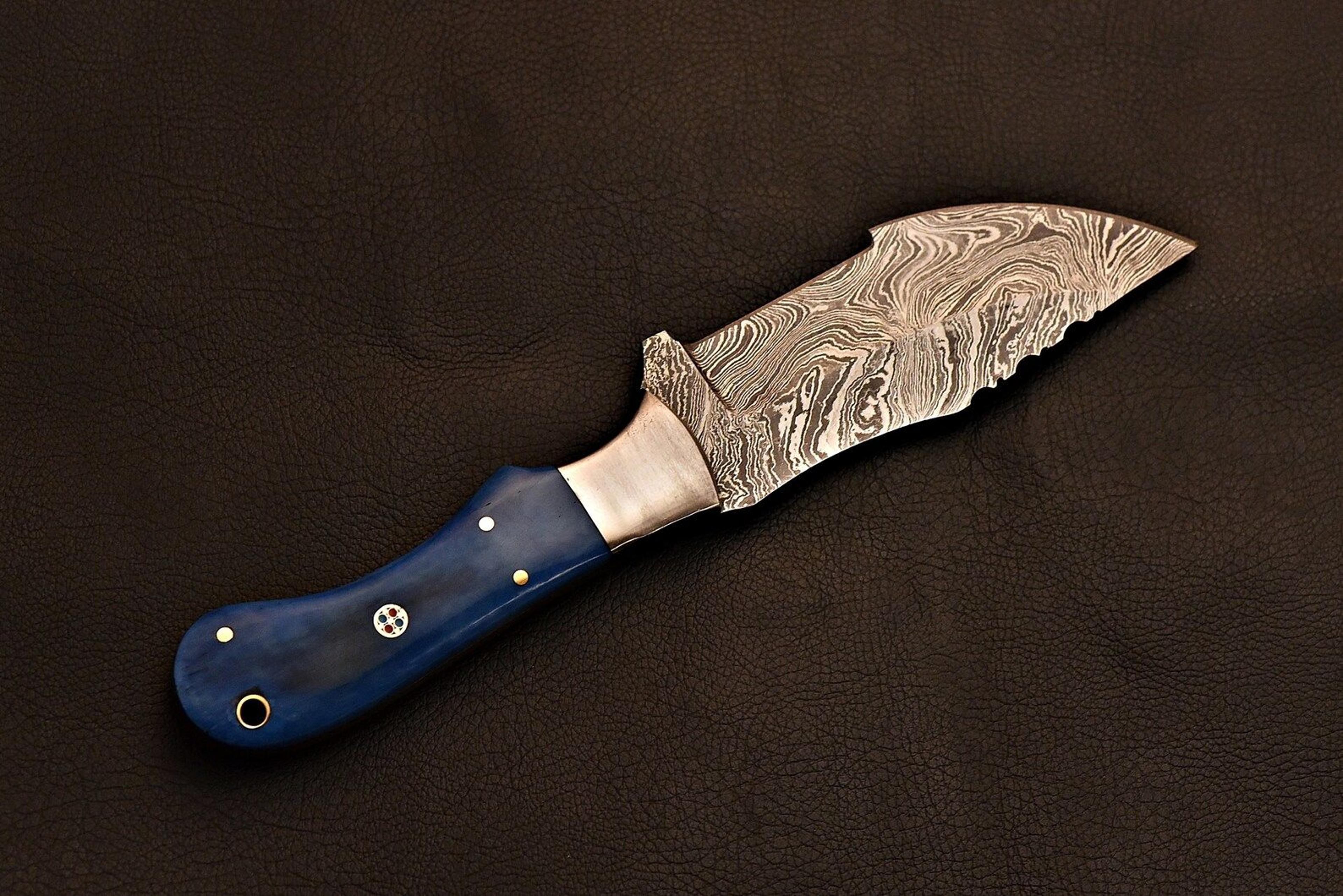 luxury handmade damascus tracker | blue wood handle collectible knife gift