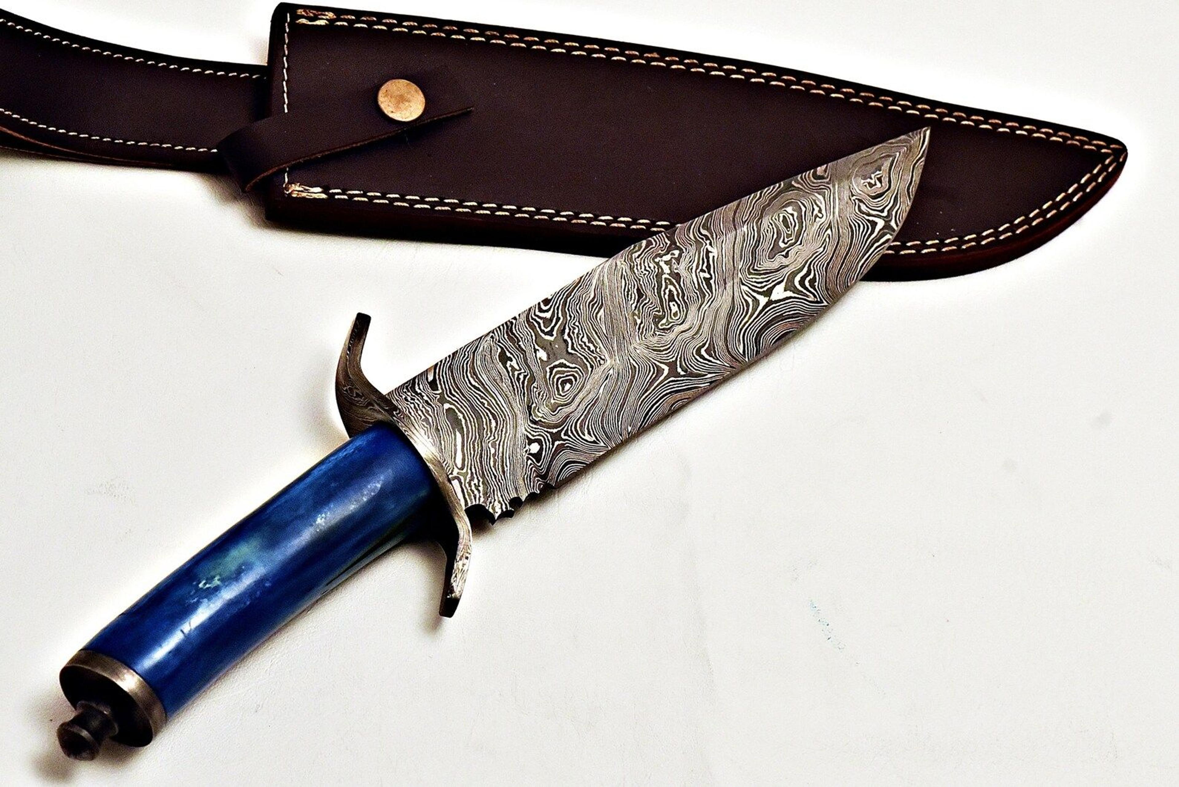 handmade damascus bowie knife | color camel bone handle & leather sheath
