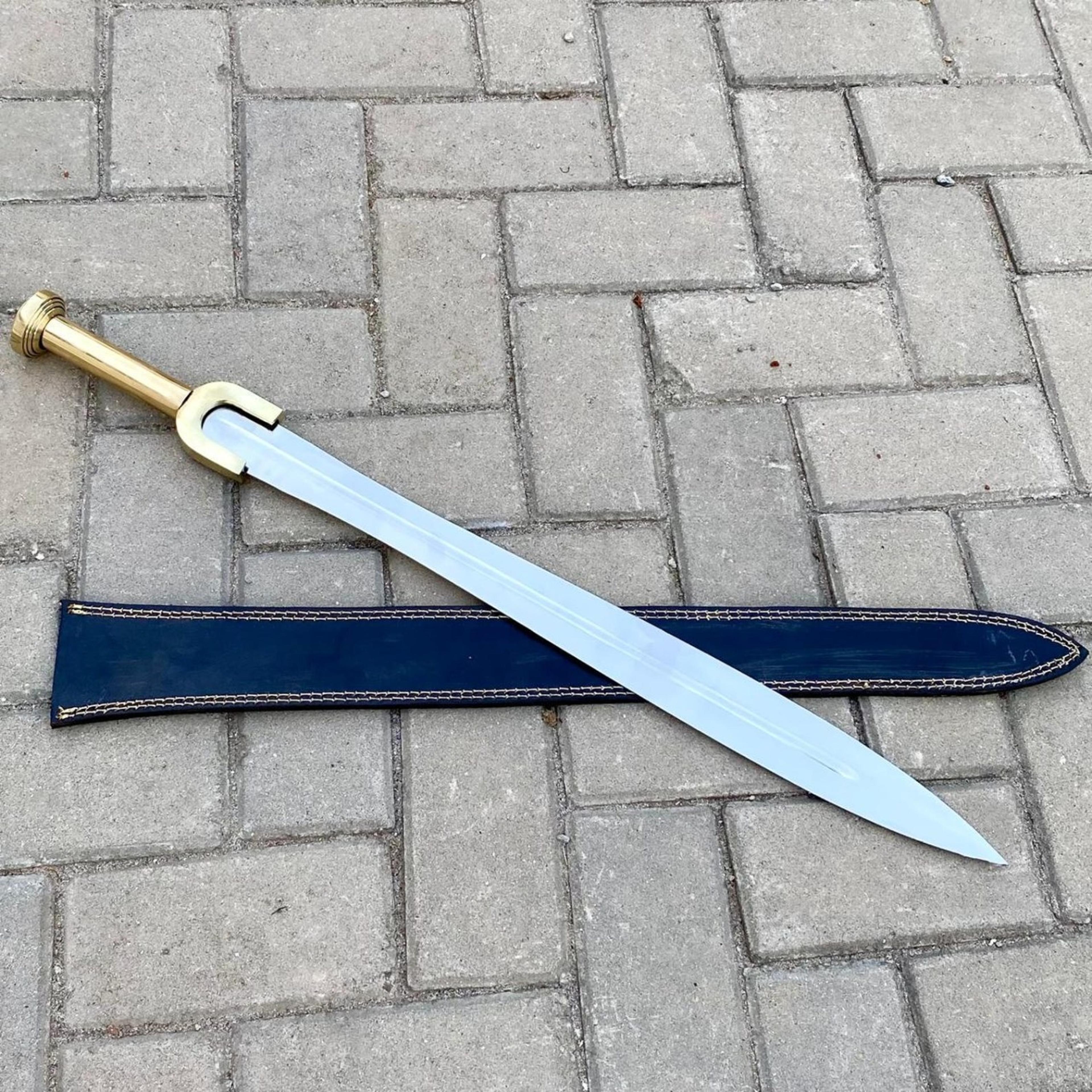 royal fantasy longsword replica stainless steel blade gold hilt with black leather sheath for display
