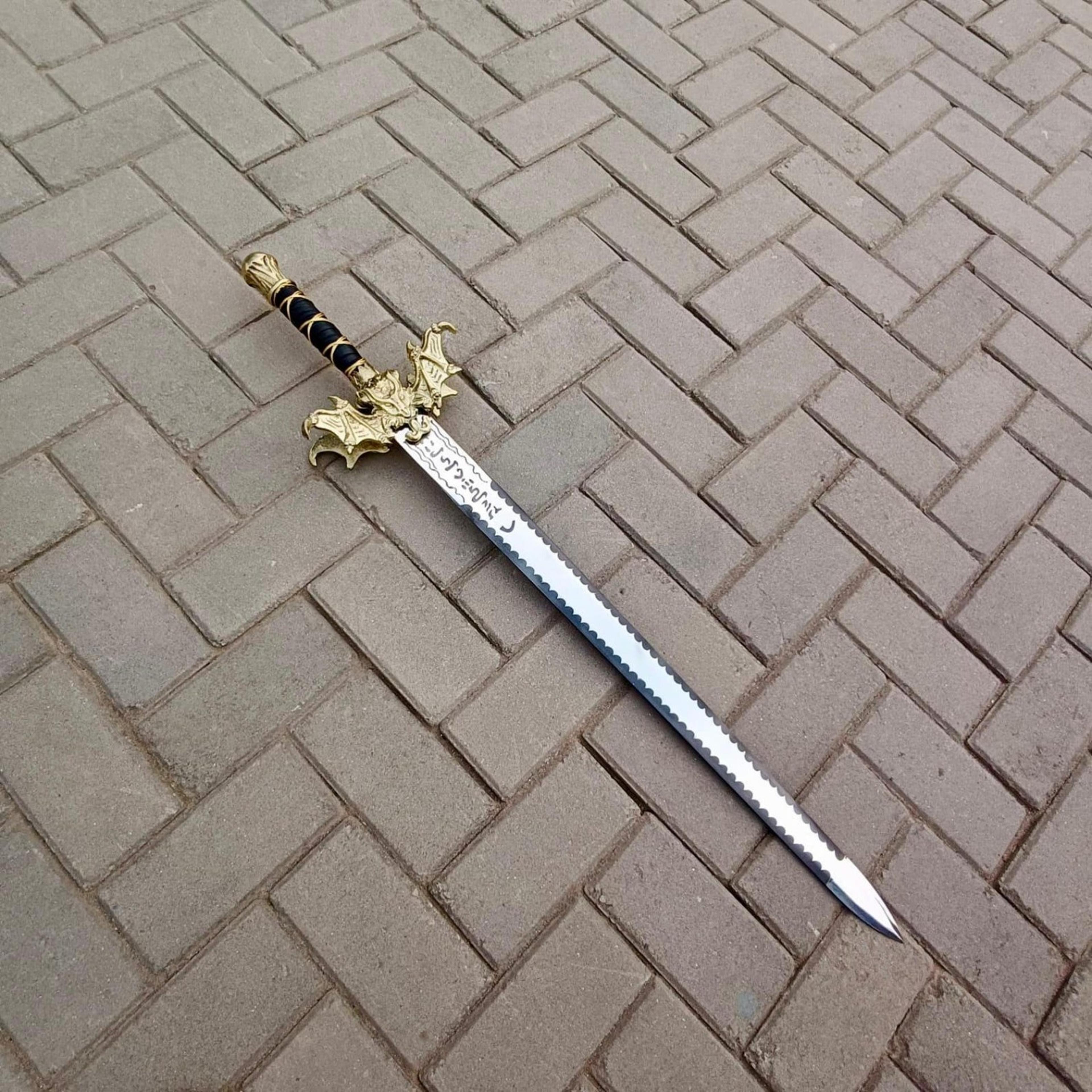 36in hand-forged fantasy dragon sword steel runic blade gold dragon hilt black grip for display & collectors