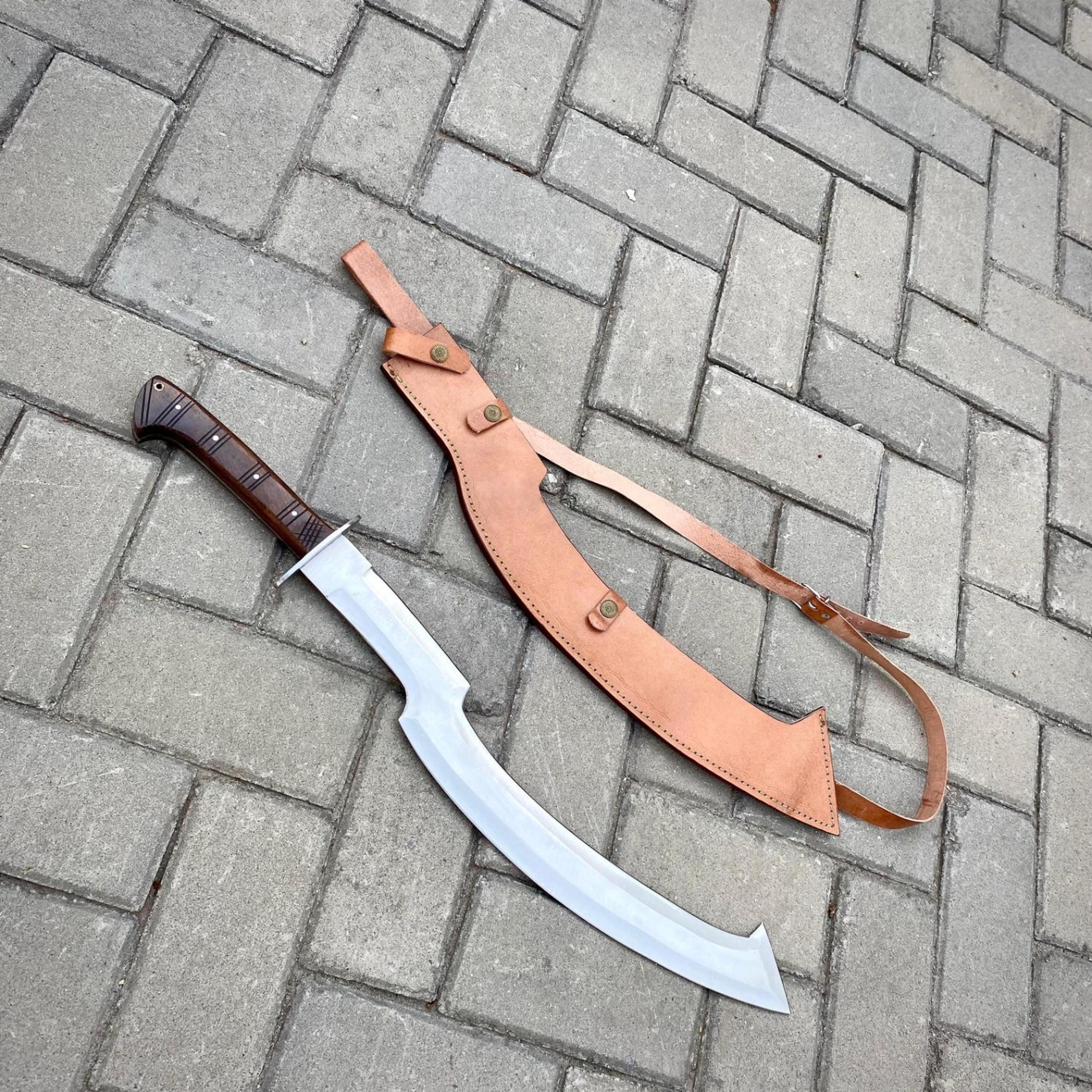 22in greek kopis sword replica stainless steel forward-curved blade wood handle & brown leather sheath