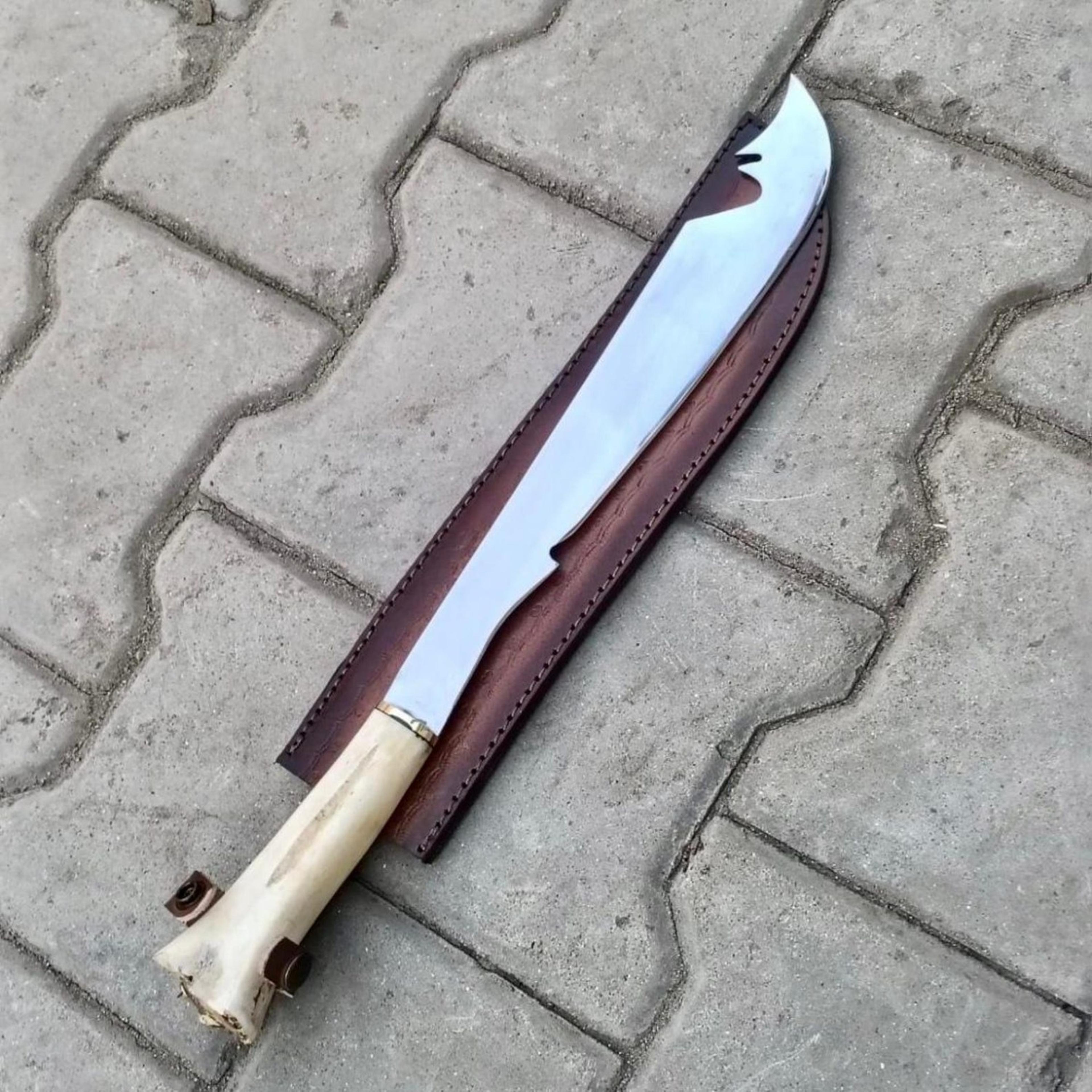 14in bone handle bowie hunting knife stainless steel blade with brown leather sheath for collectors