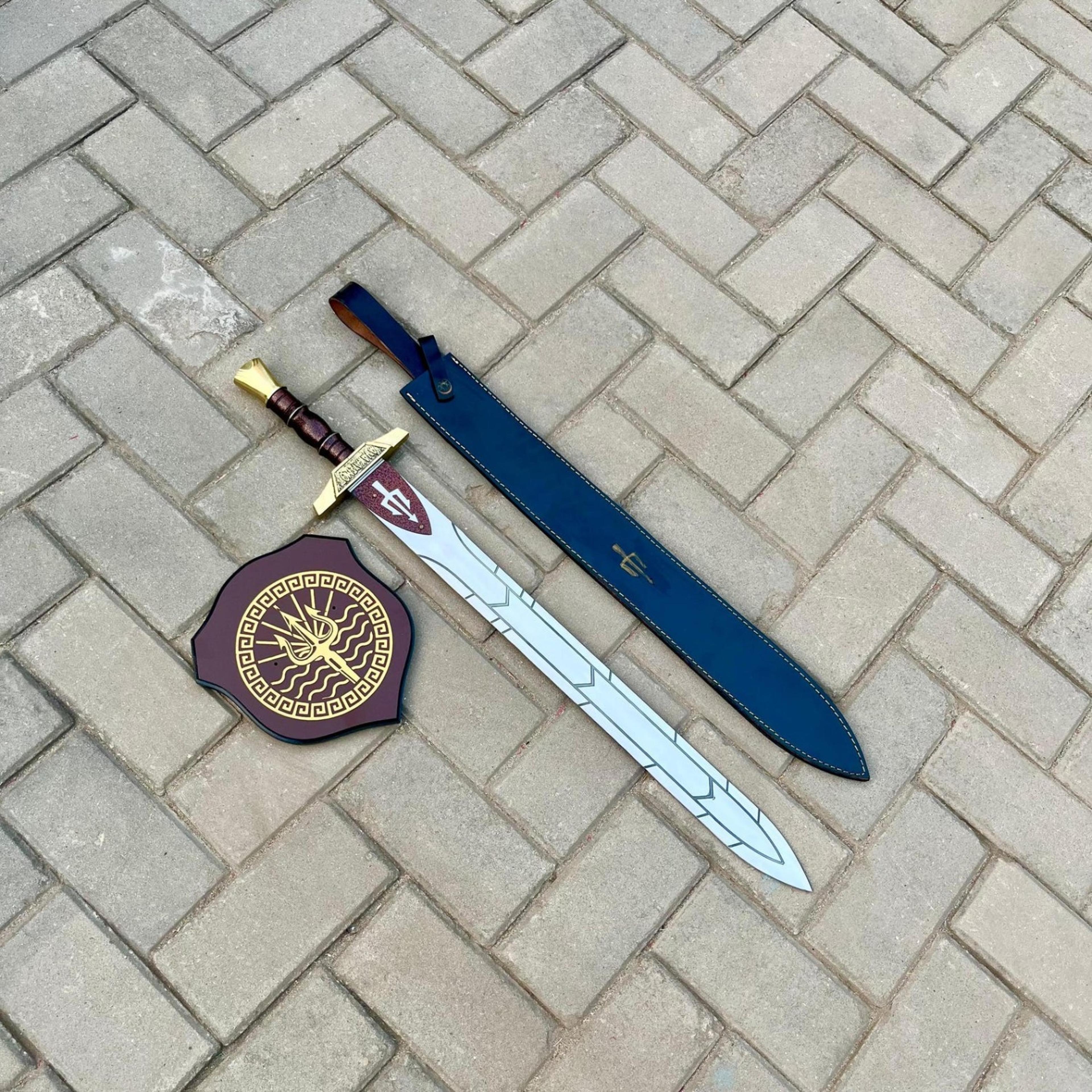 29in riptide anaklusmos sword replica percy jackson fantasy blade with blue sheath & poseidon display plaque