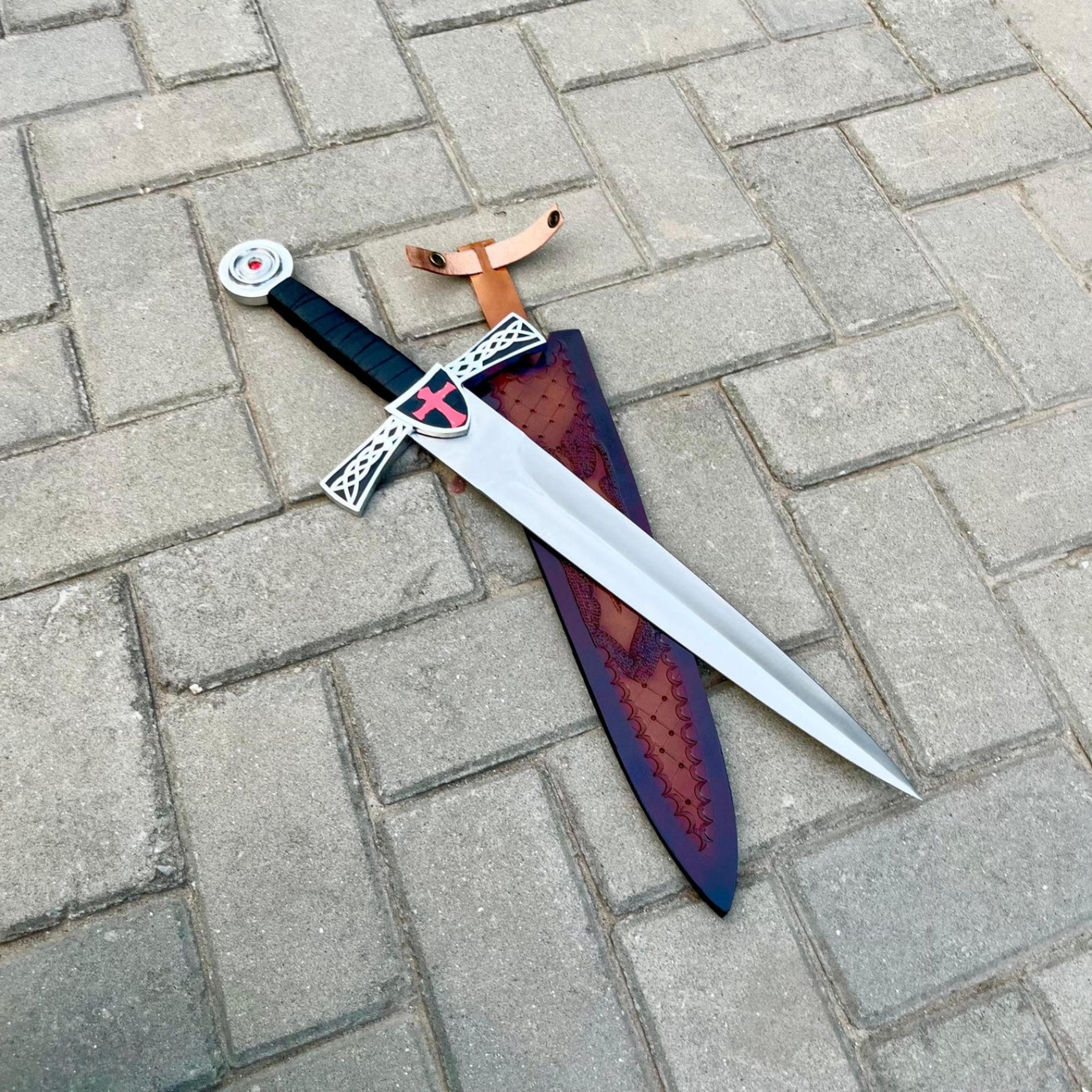 33in knights templar crusader sword replica stainless steel blade red cross guard & leather sheath