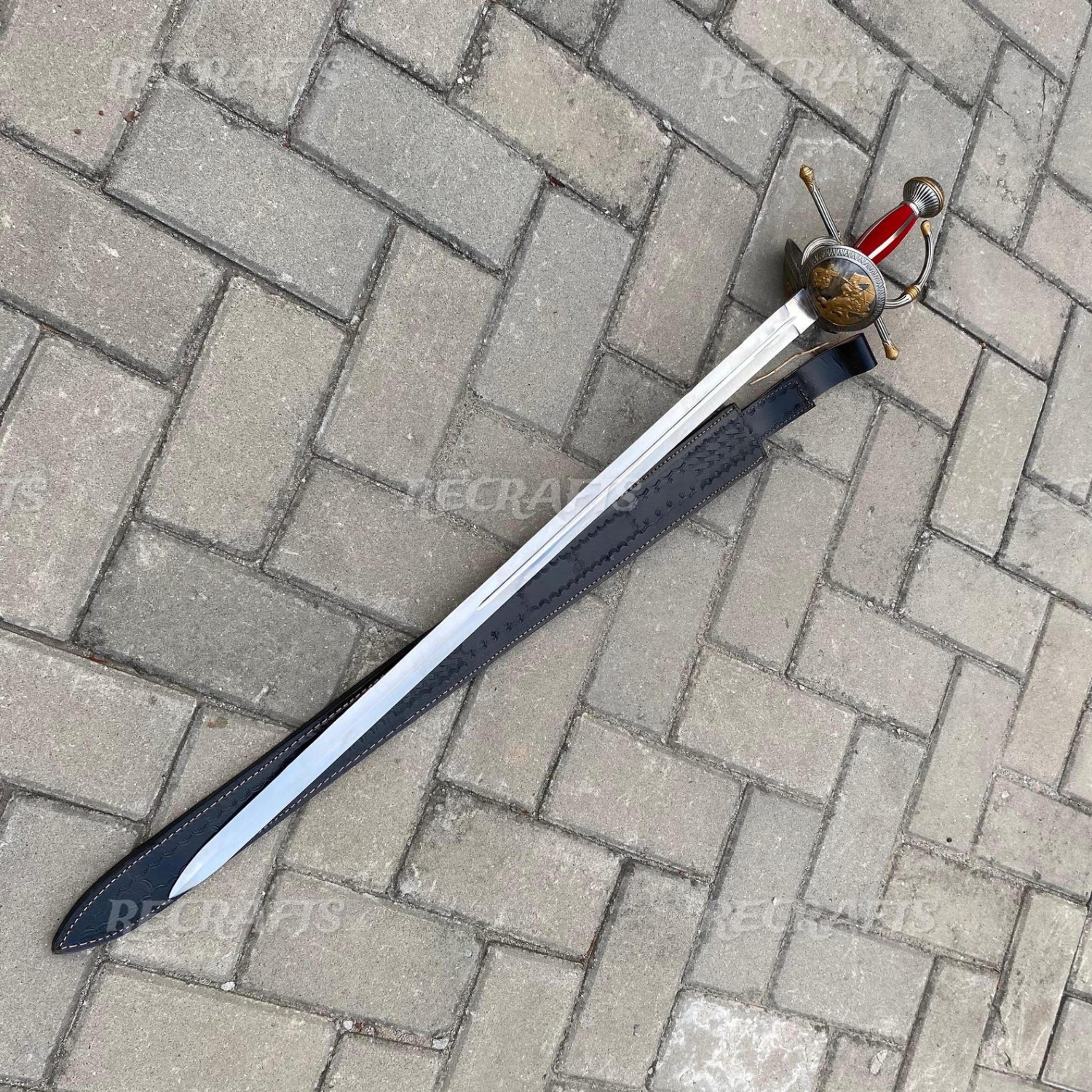 36in spanish style swept-hilt rapier replica stainless steel blade red grip black leather sheath for display