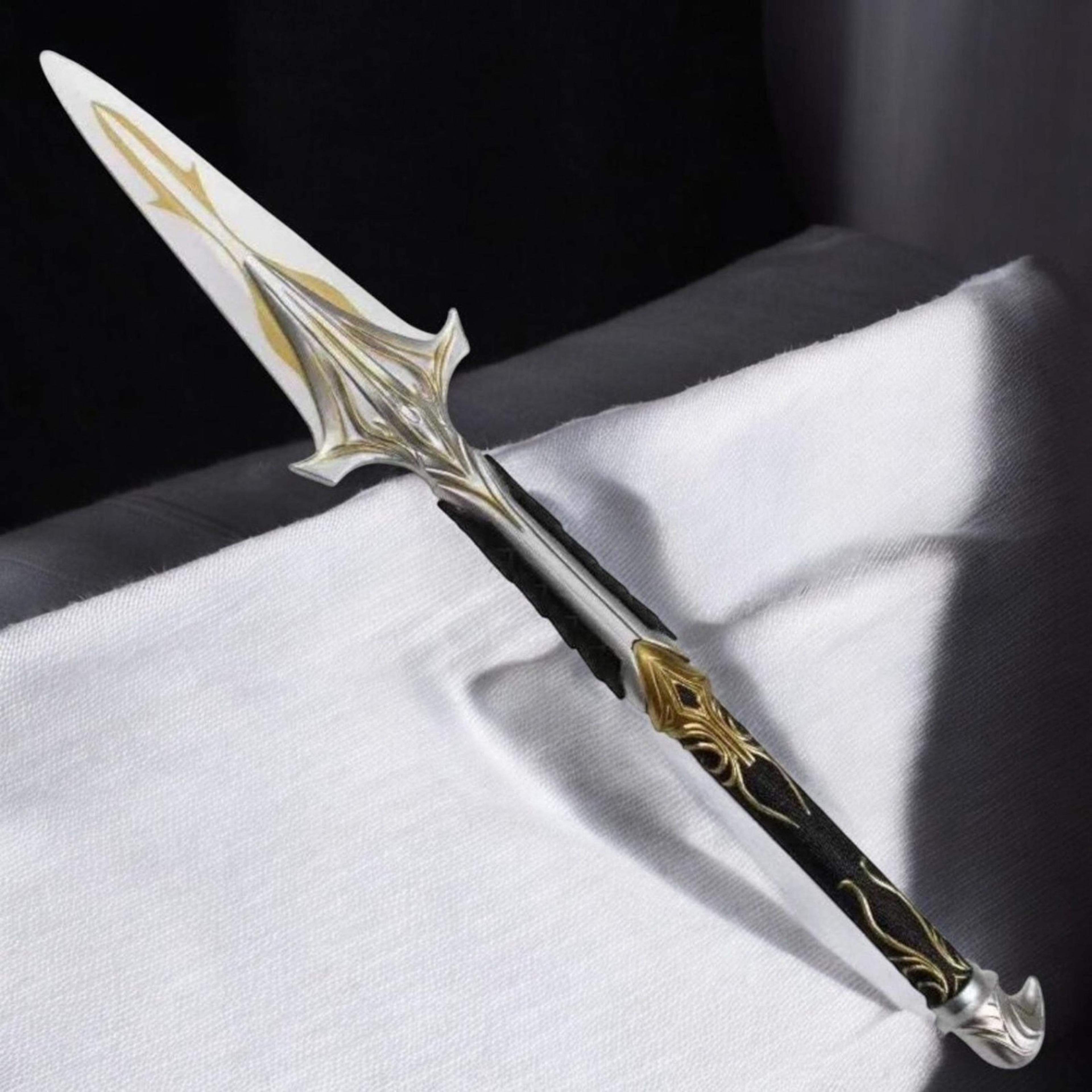 18in fantasy elven dagger stainless steel white blade black gold handle for display, cosplay & collectors