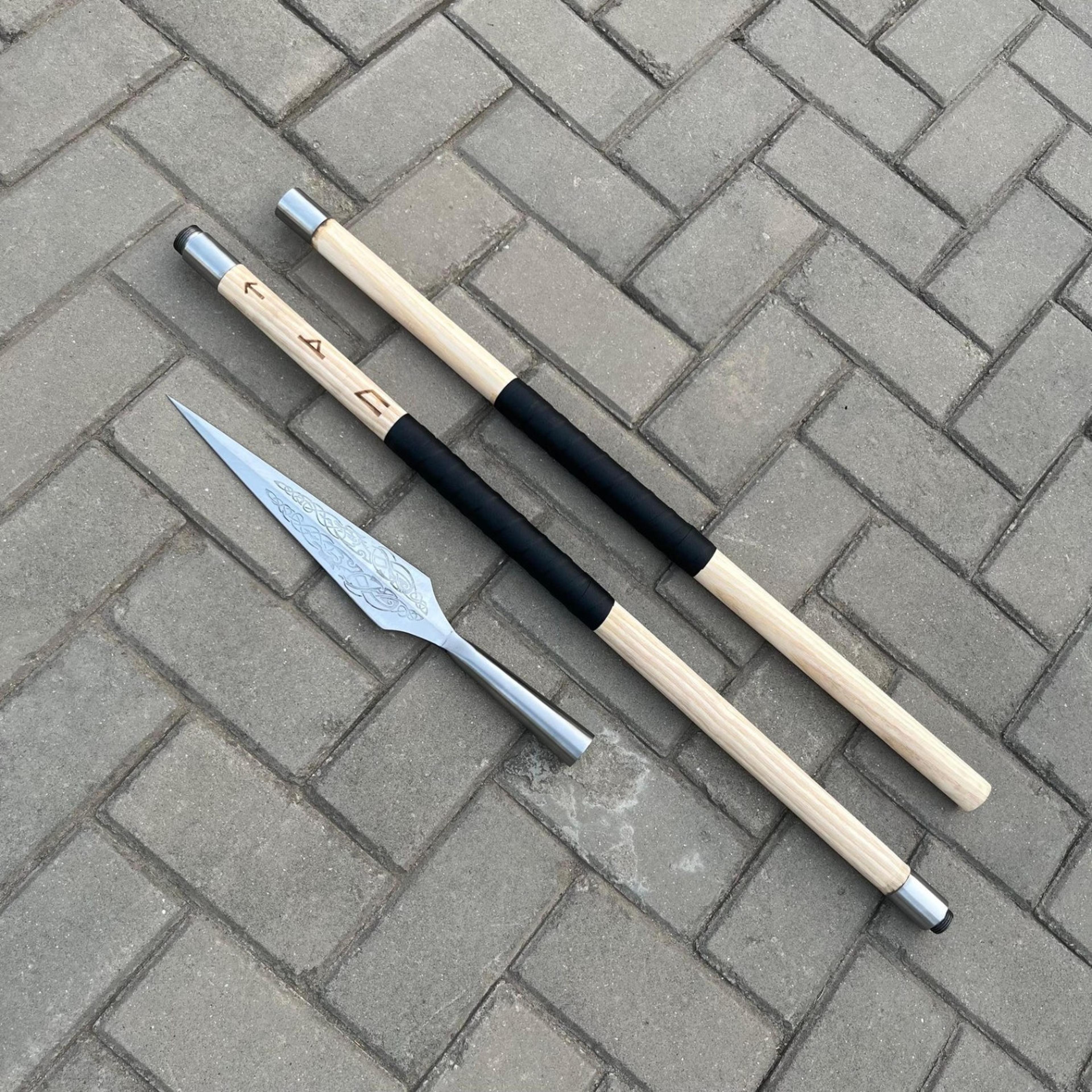 72in hand-forged medieval spear high carbon steel engraved spearhead black grip for display & collectors