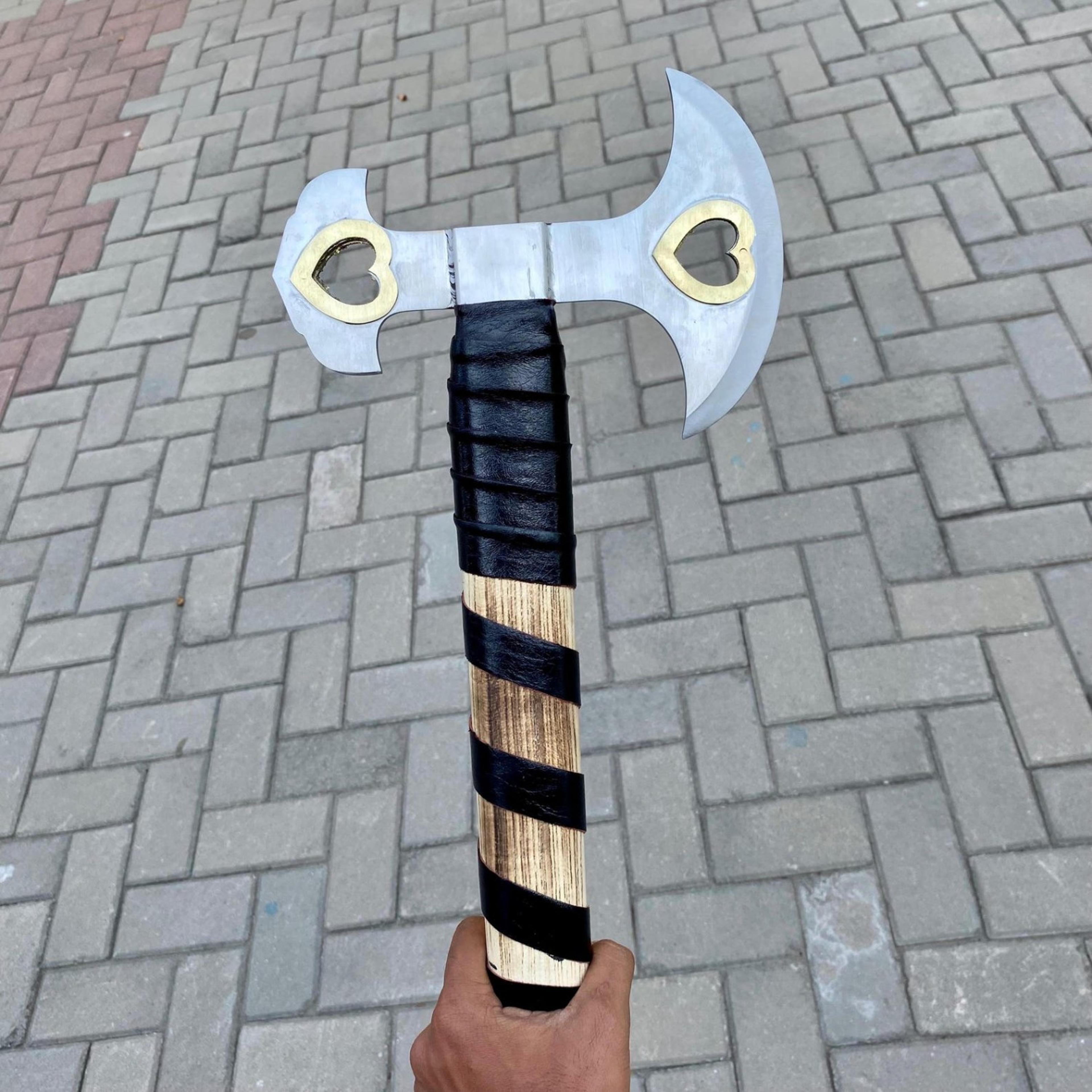 31in mountaineer heart cutout axe carbon steel double blade ash wood handle black leather wrap for collectors