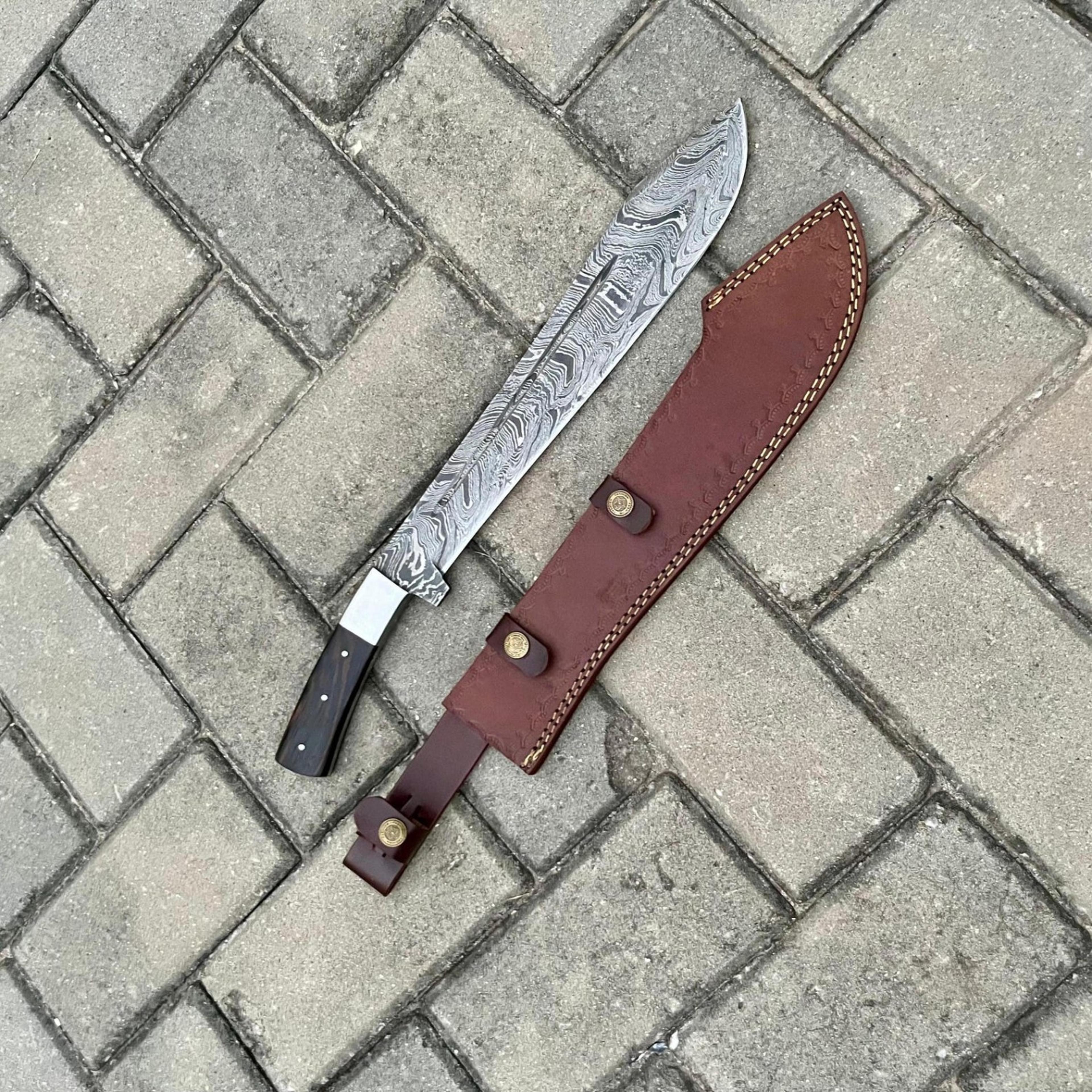 15in handmade damascus bowie knife full tang pattern steel blade black wood handle & leather sheath