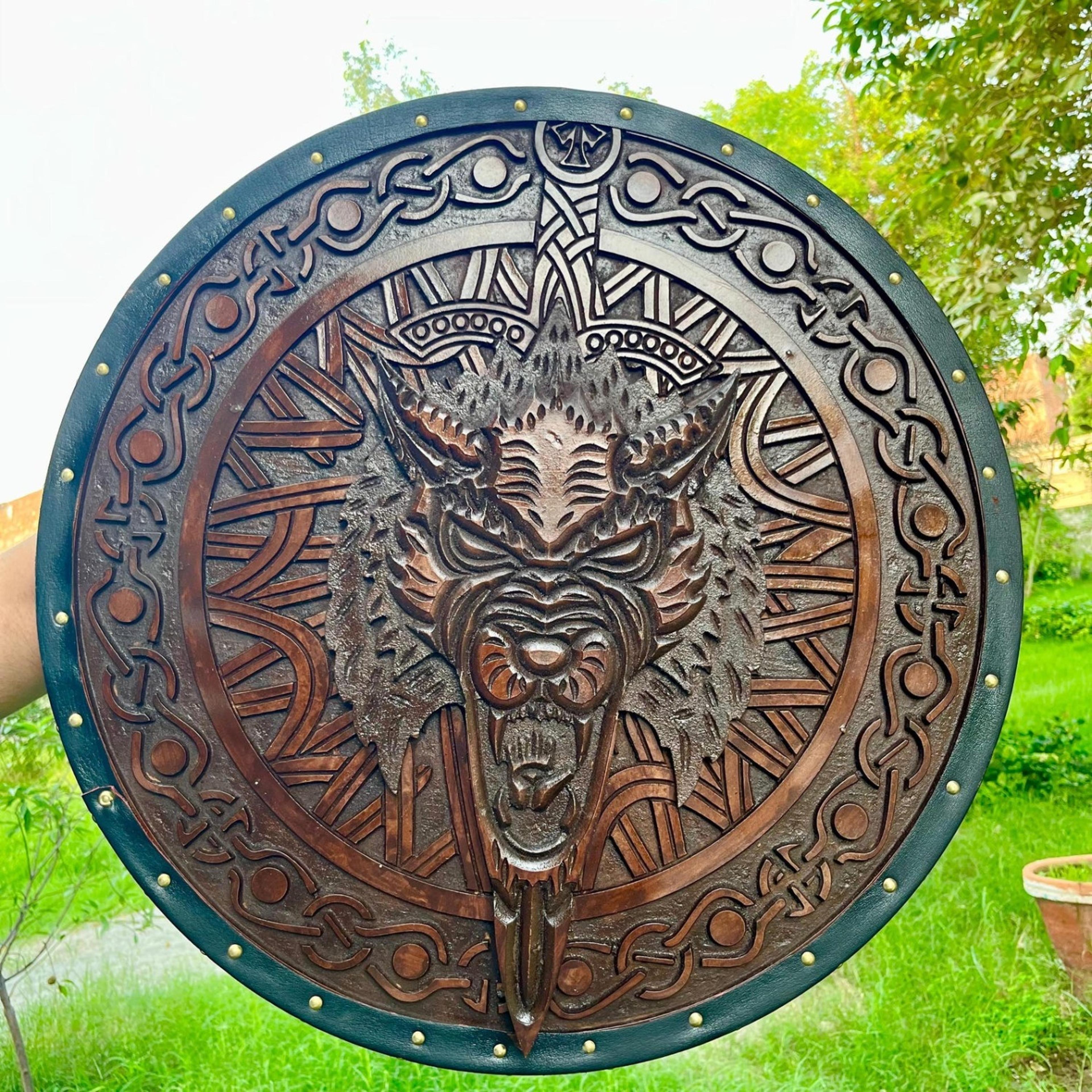 24in fenrir viking wolf shield hand-carved wooden norse round shield for wall display & collectors