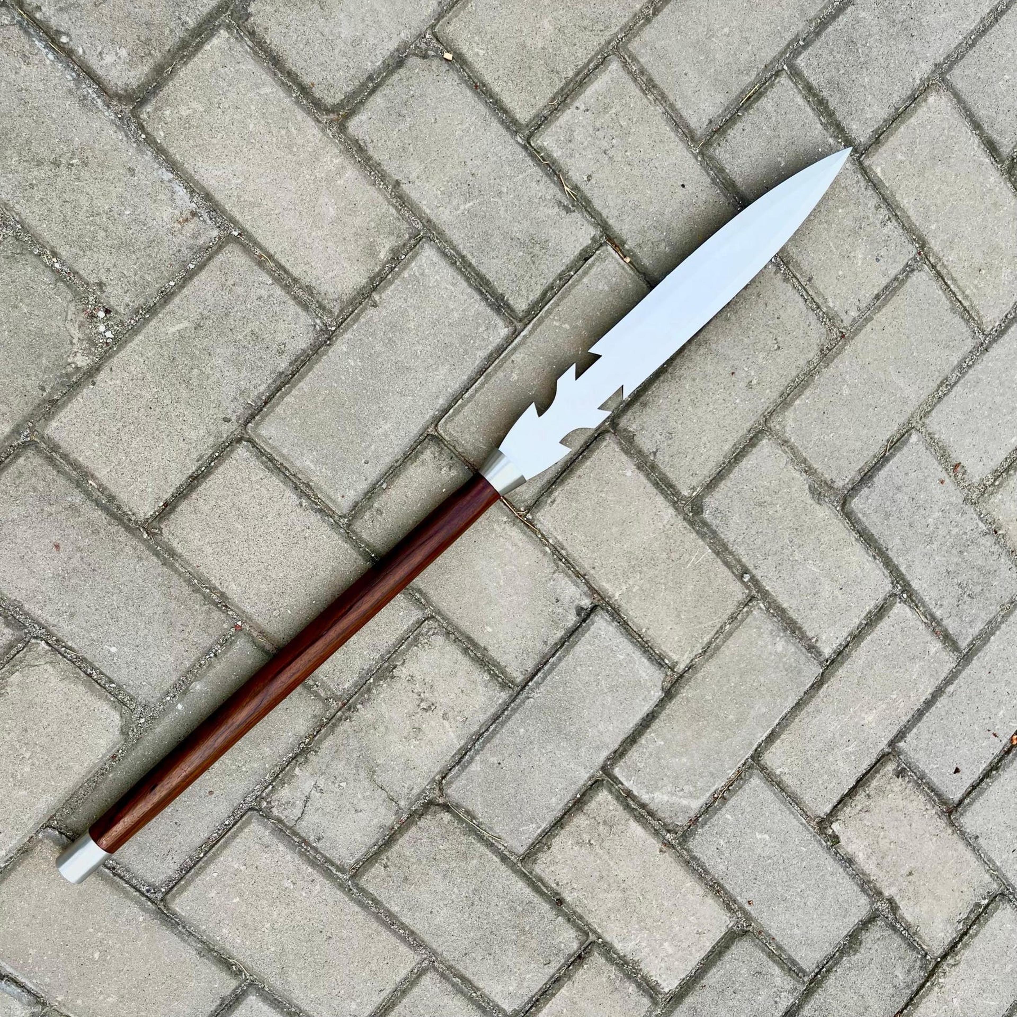 30in barbed leaf blade spear stainless steel greek hunting spear with rosewood handle & leather sheath