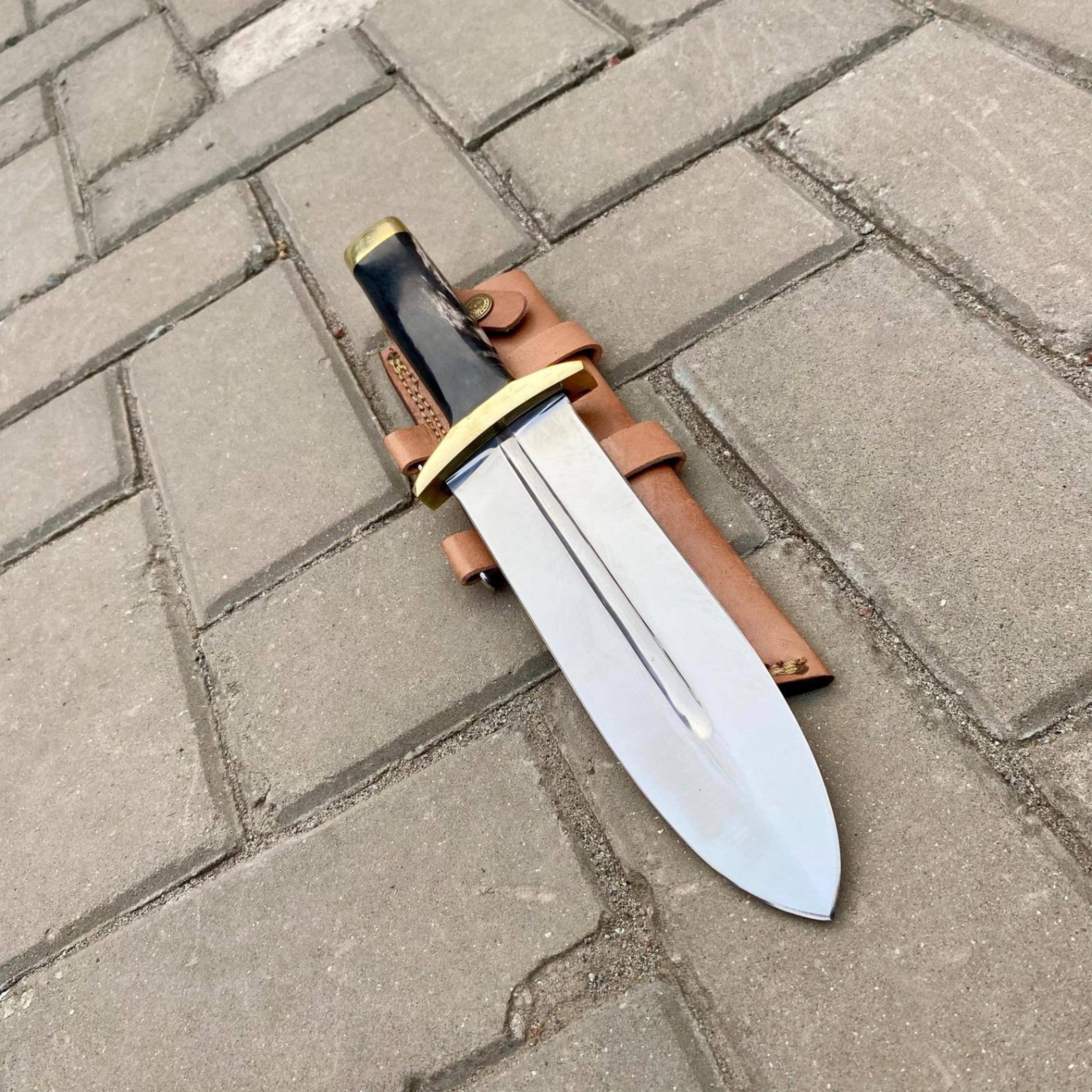 17in sable bowie knife with stainless steel blade, black pakkawood handle & brown leather sheath