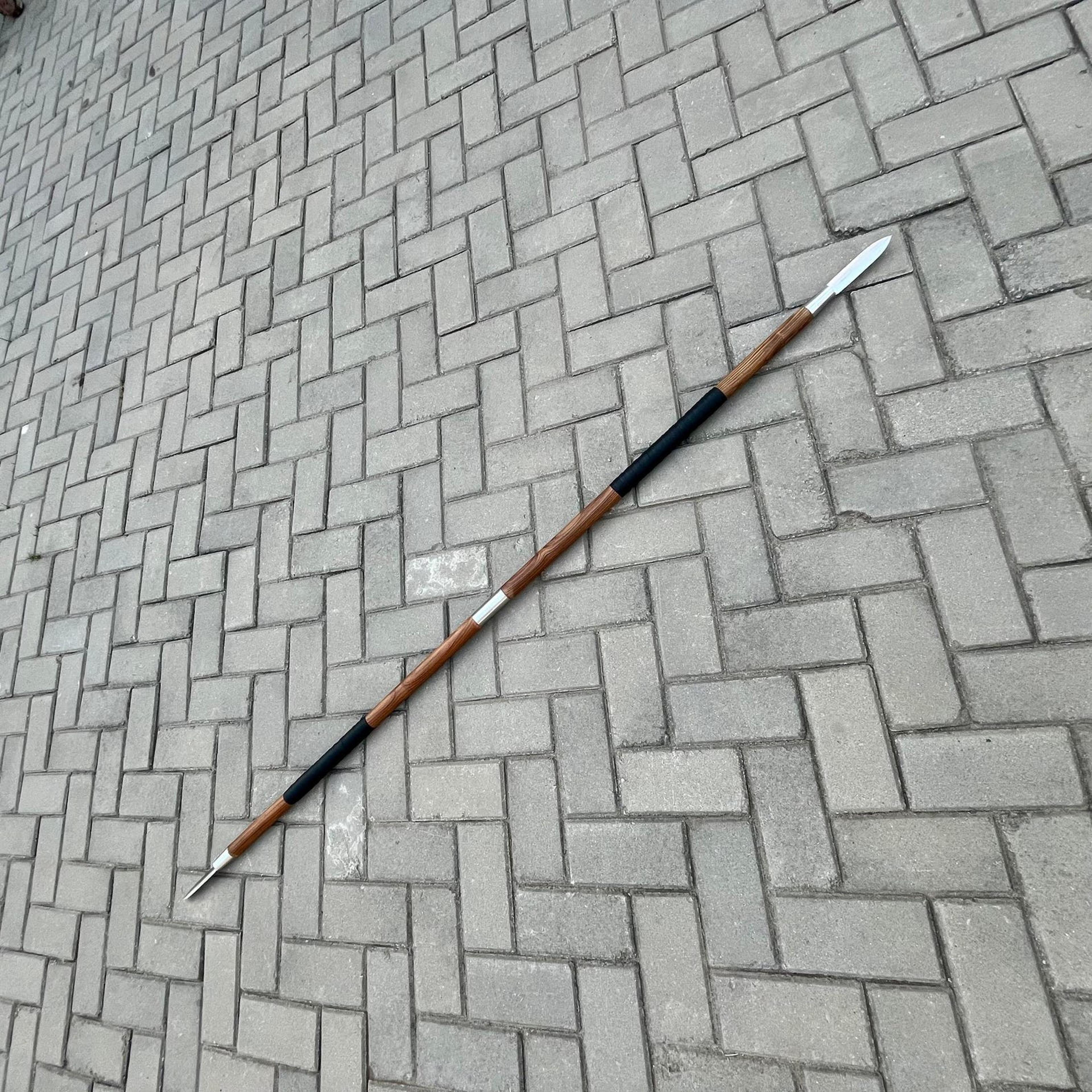 64in double-ended medieval fantasy spear stainless steel tips wood shaft black grip for display & collectors