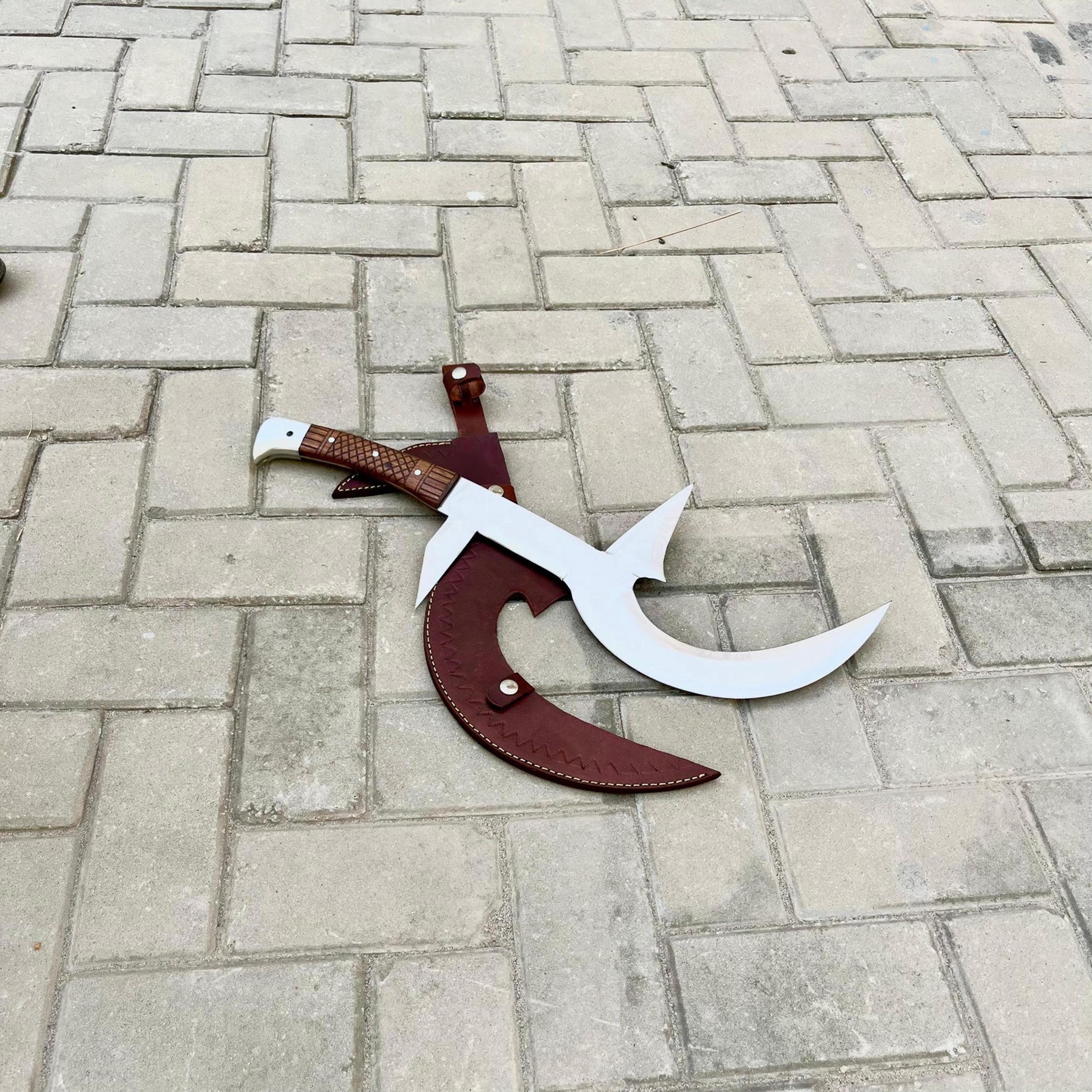 21in fantasy crescent halberd dagger stainless steel moon blade wood handle & leather sheath