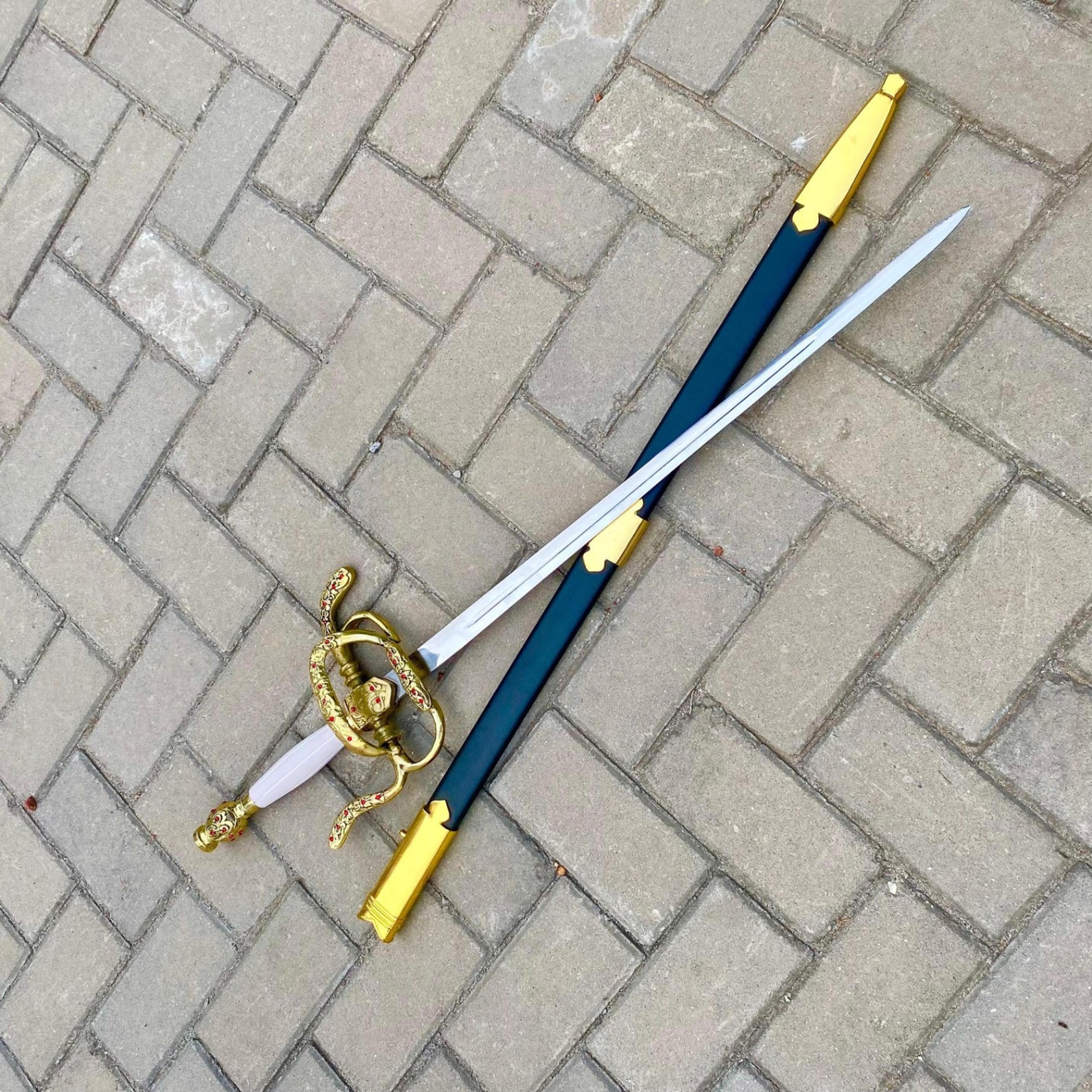 38in toledo salamanca rapier replica highlander sword with gold jeweled hilt & blue scabbard
