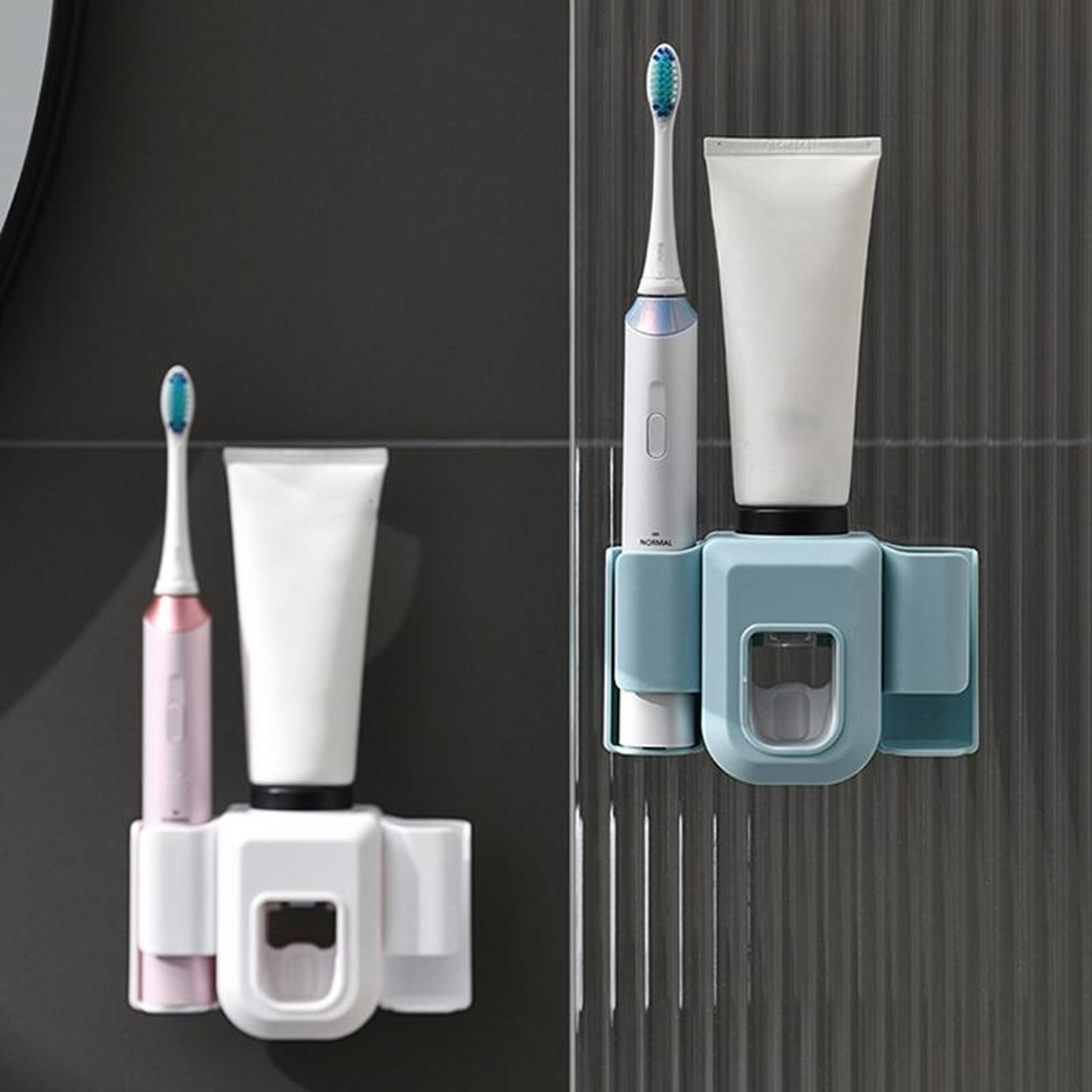 premium wall mounted toothbrush holder with automatic toothpaste dispenser and hands free toothpaste squeezer