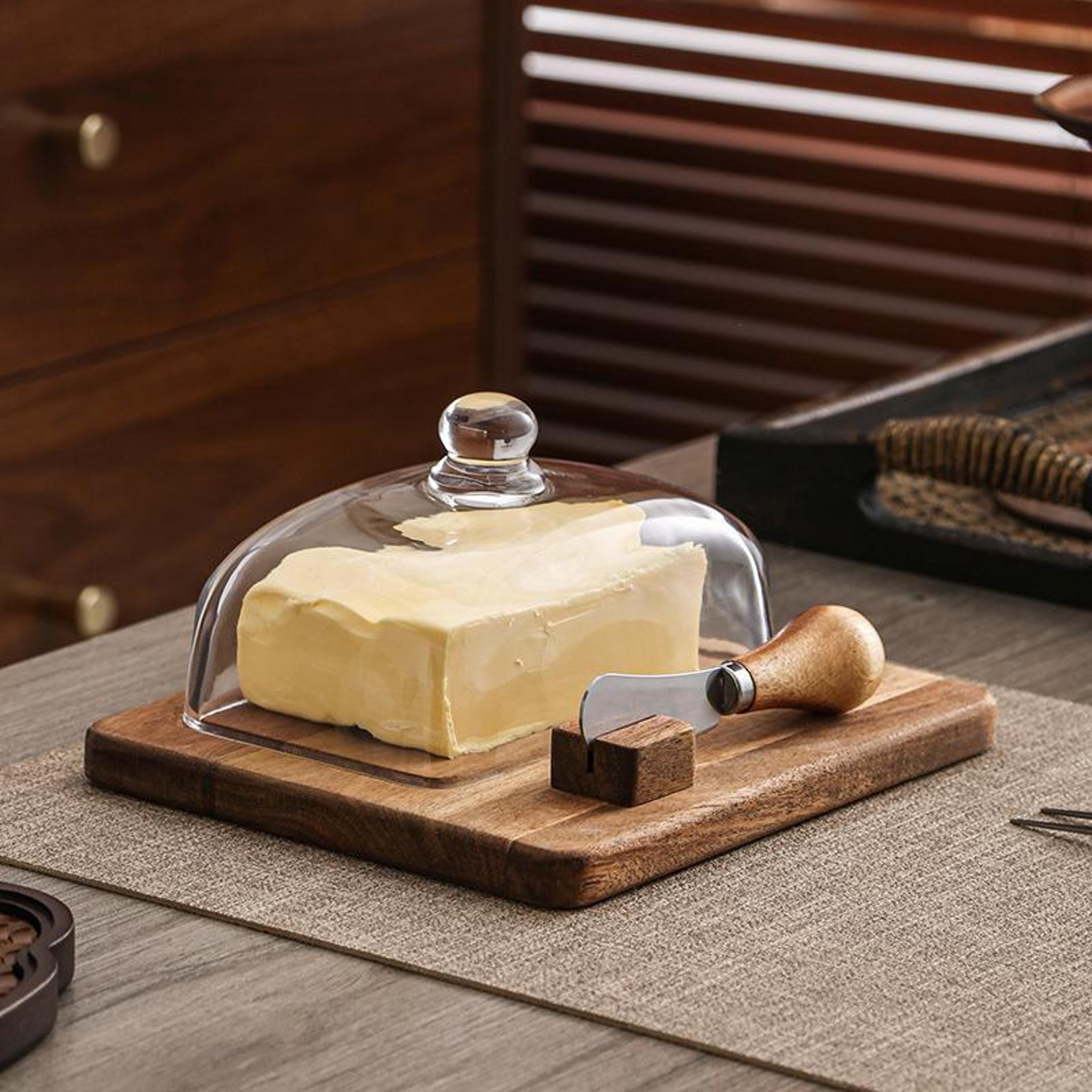 wood butter dish with glass lid and spreader knife