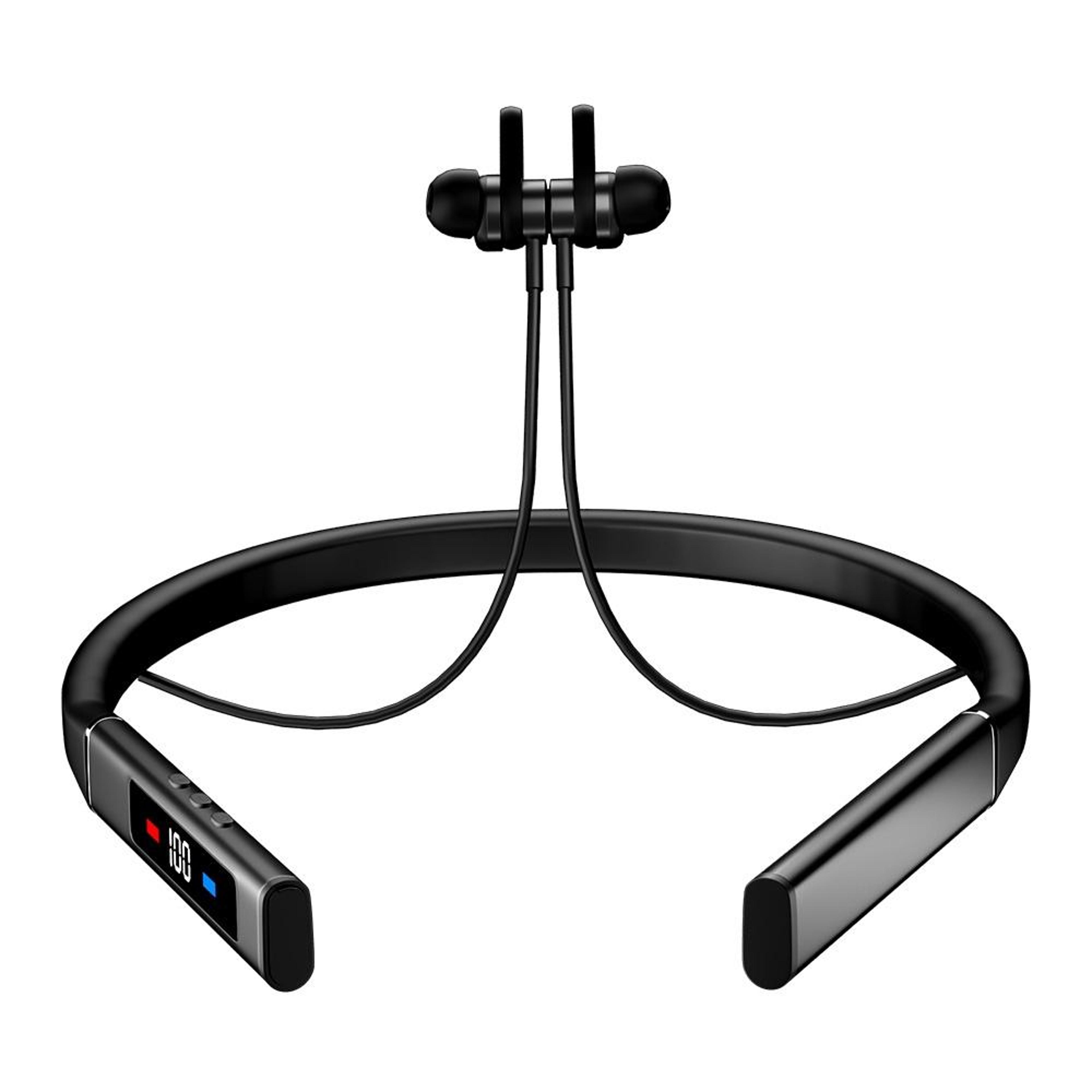wireless bluetooth neck mounted noise cancelling earphones with digital display