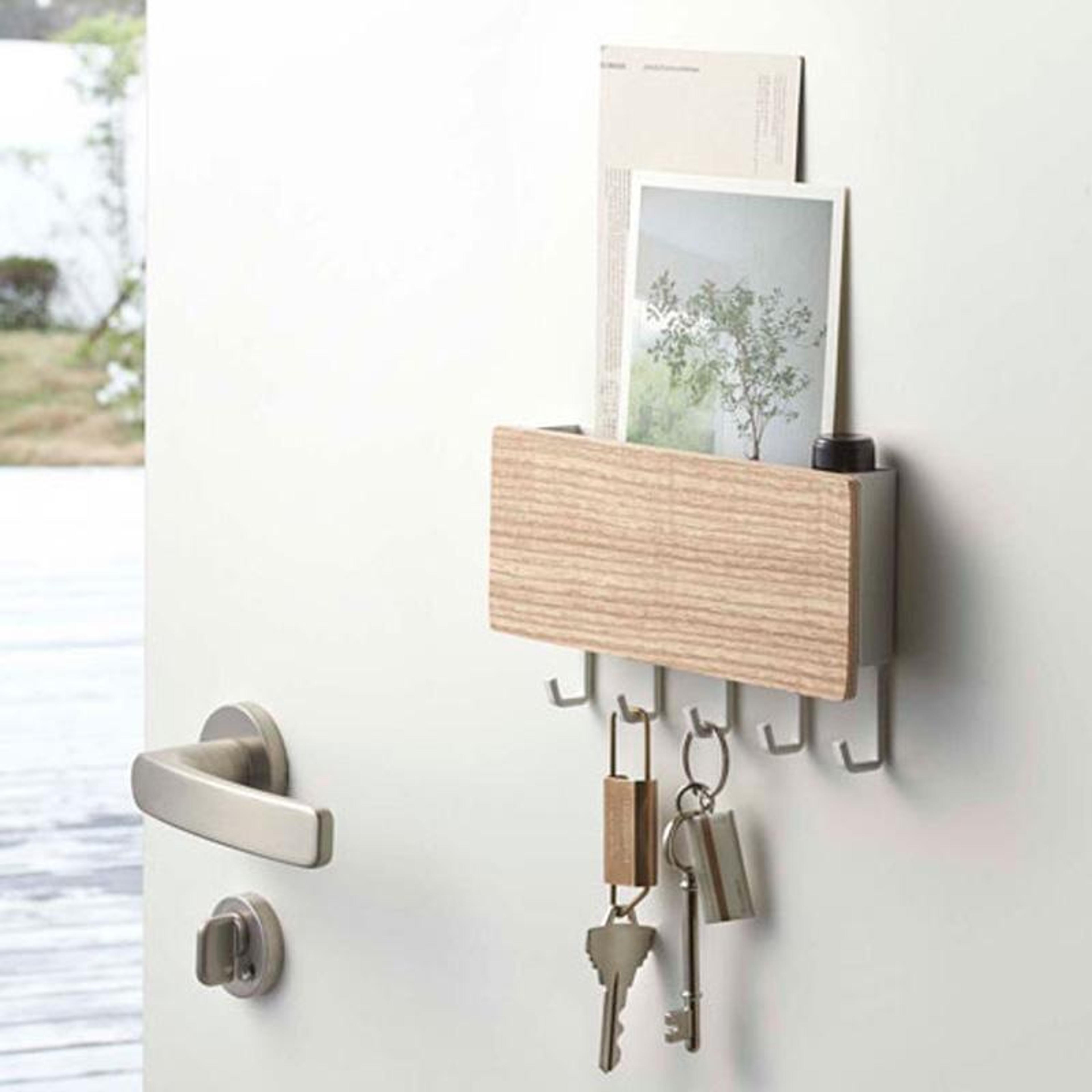 no drill wall key hanger with hooks and shelf, white entryway organizer