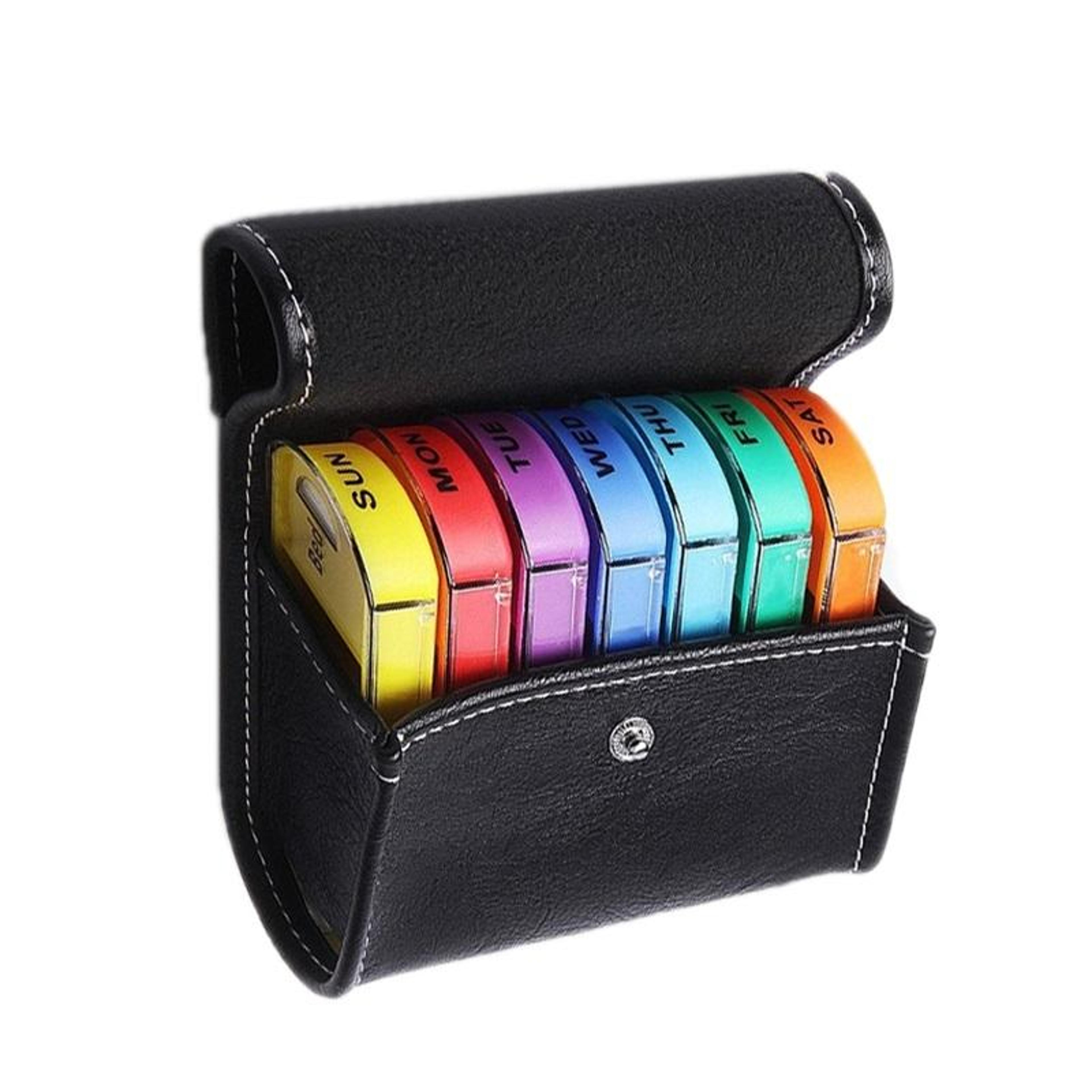 premium weekly pill organizer & portable leather pill holder case