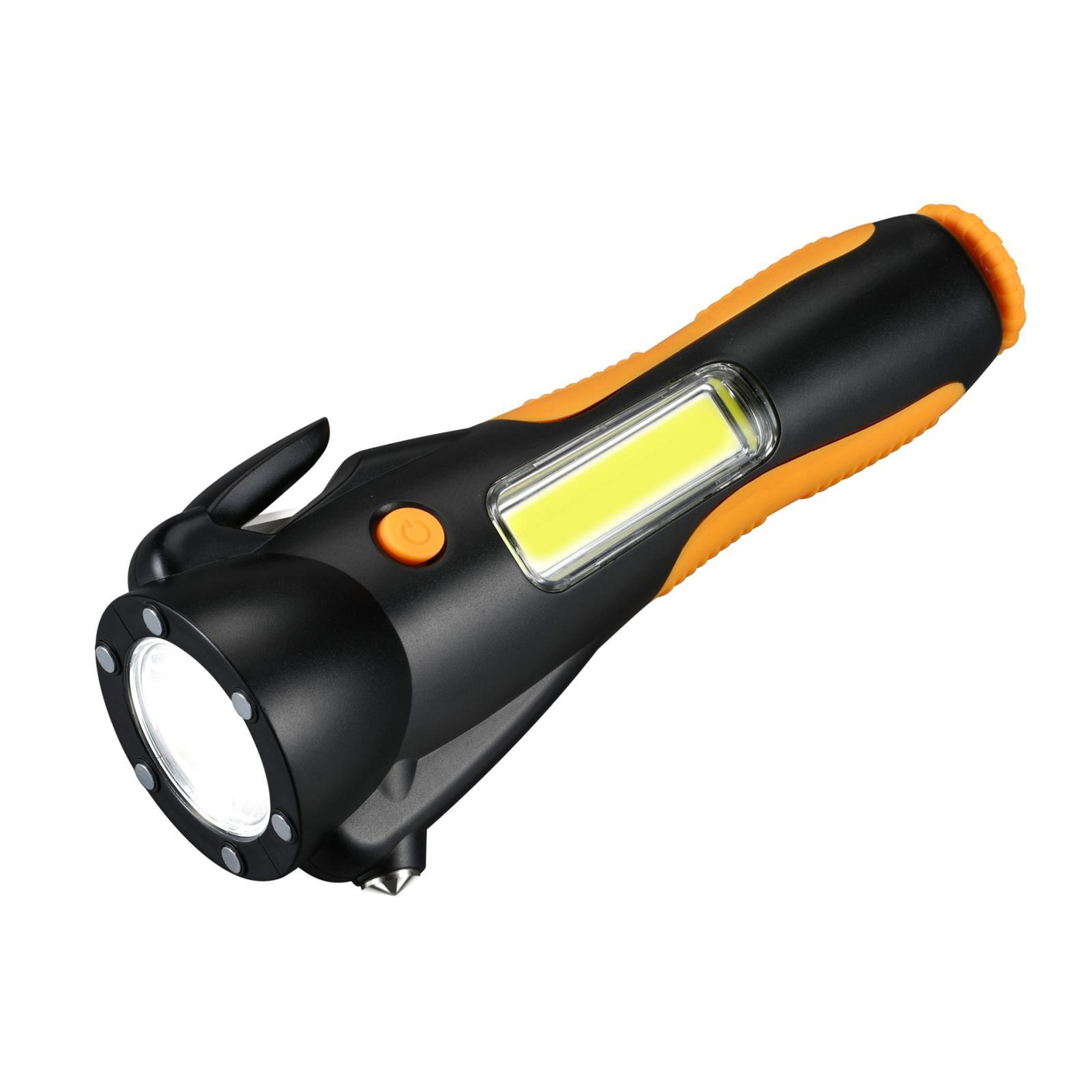 multifunction rechargeable magnetic cob work light with car safety hammer & emergency flashlight