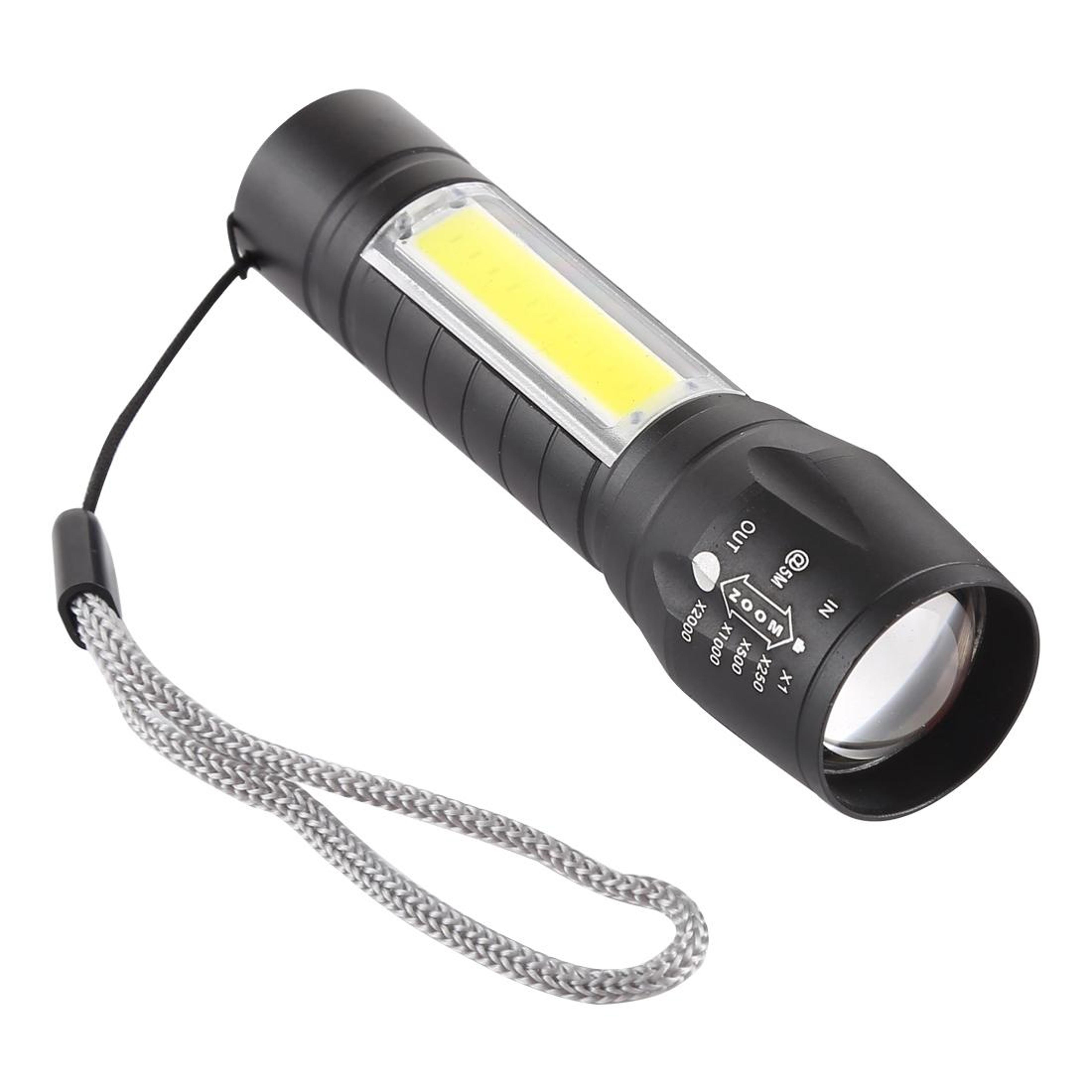 rechargeable waterproof led flashlight with zoomable beam and cob work light