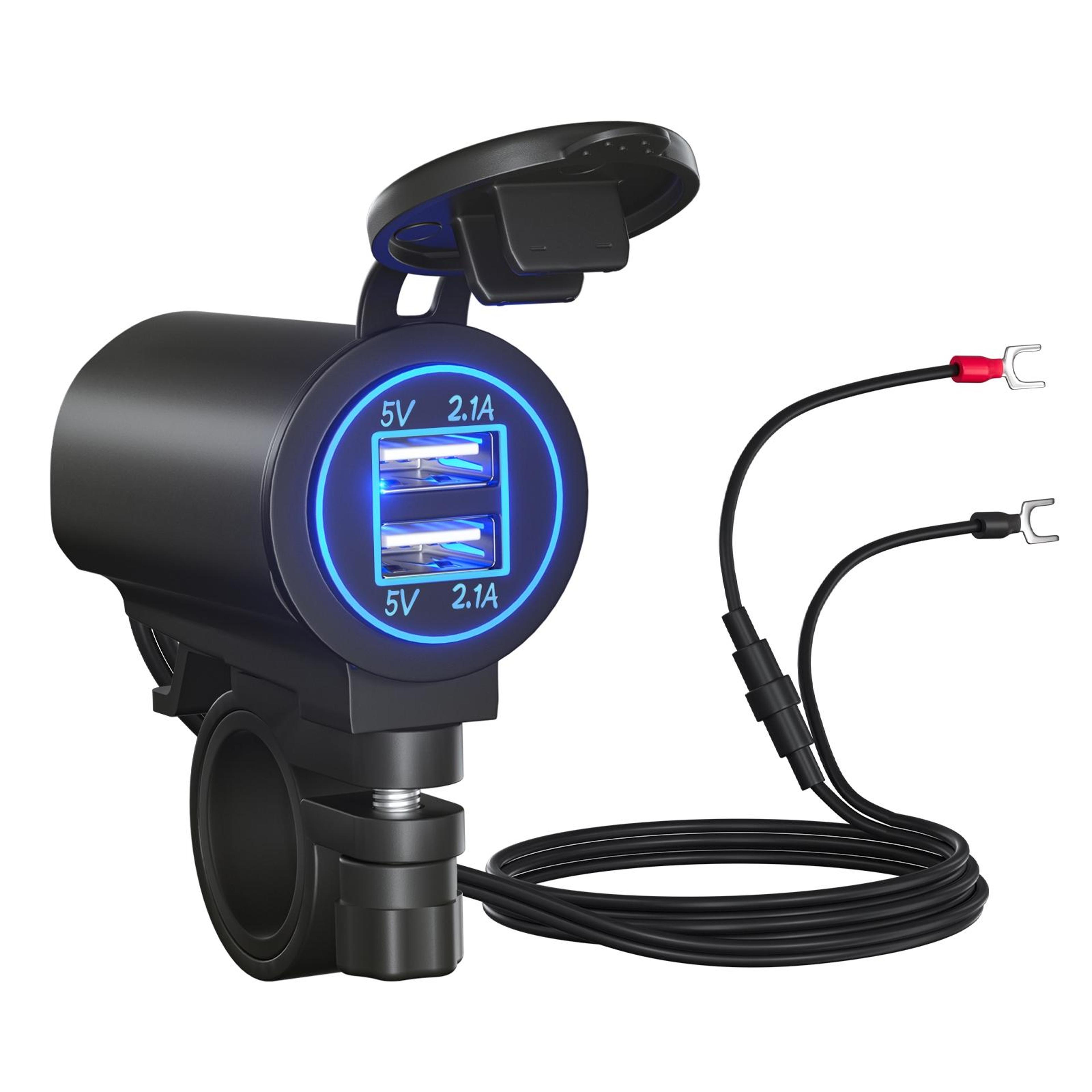 fast charge dual usb car & motorcycle charger with blue led power indicator