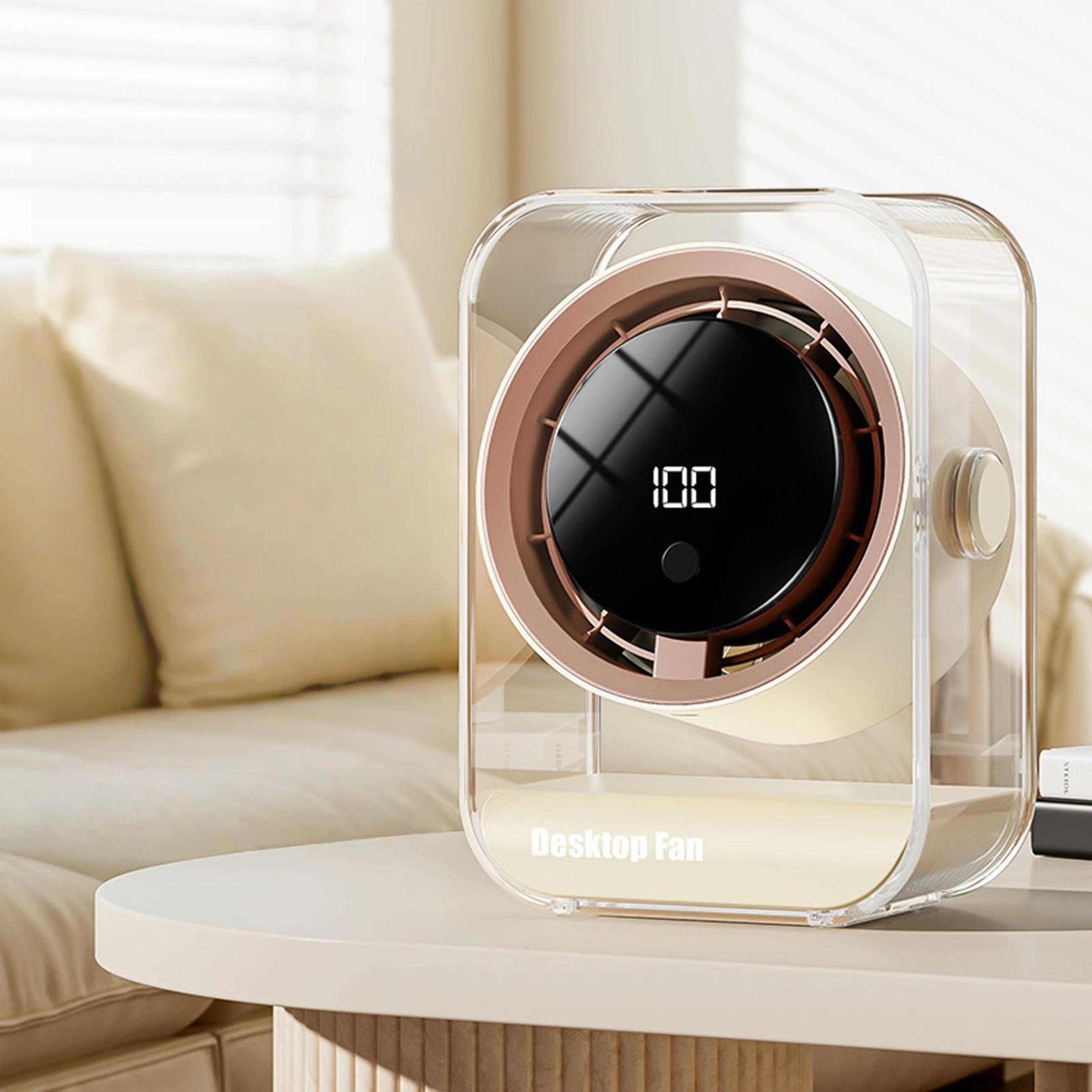 portable desk fan with digital display smart timer and usb rechargeable quiet air circulator