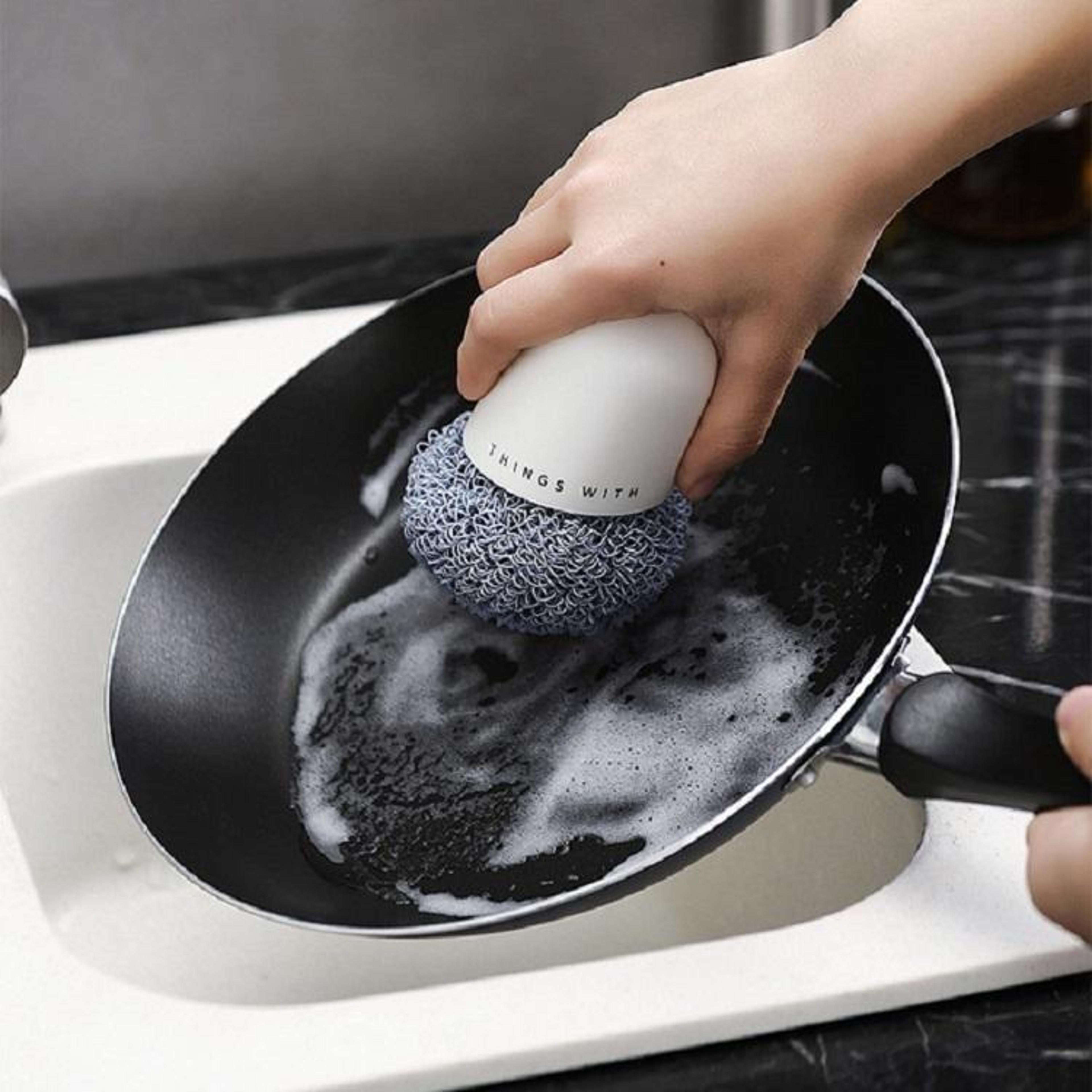 heavy duty dish cleaning brush pot scrubber with polyester scouring ball for kitchen cookware