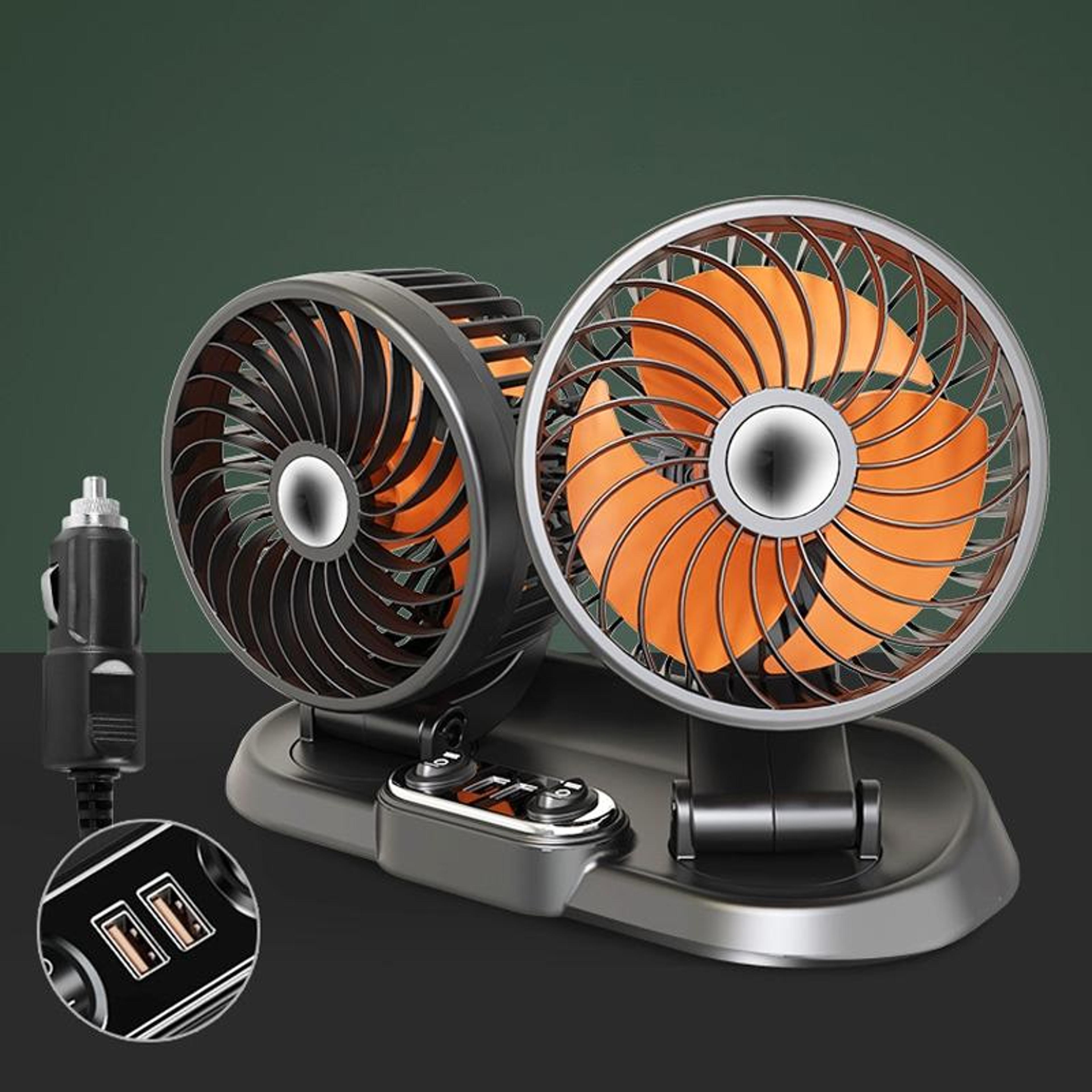 dual head car fan with dual usb car charger rotatable cooling fan