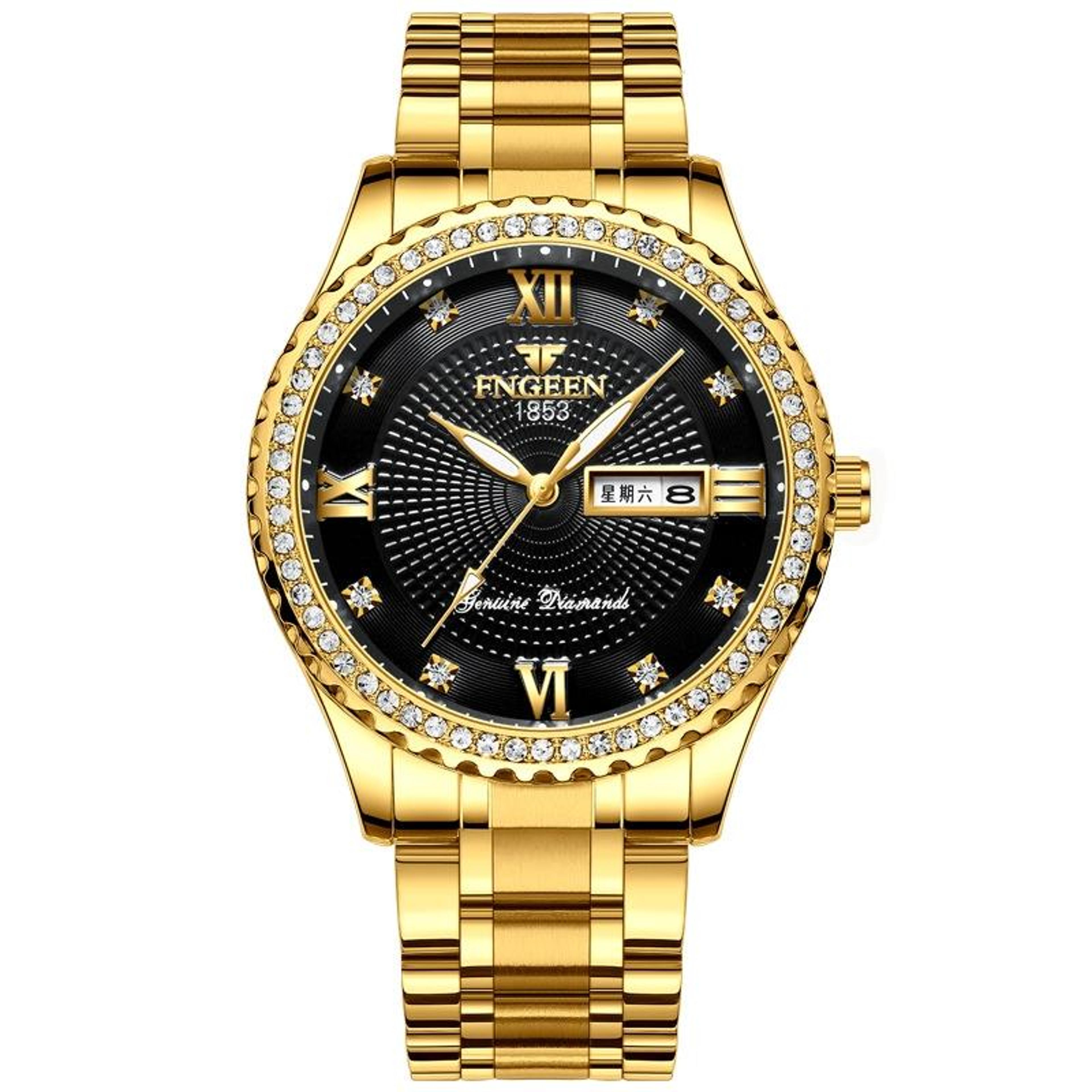 mens quartz watch with luminous display, stainless steel band & gold black dial