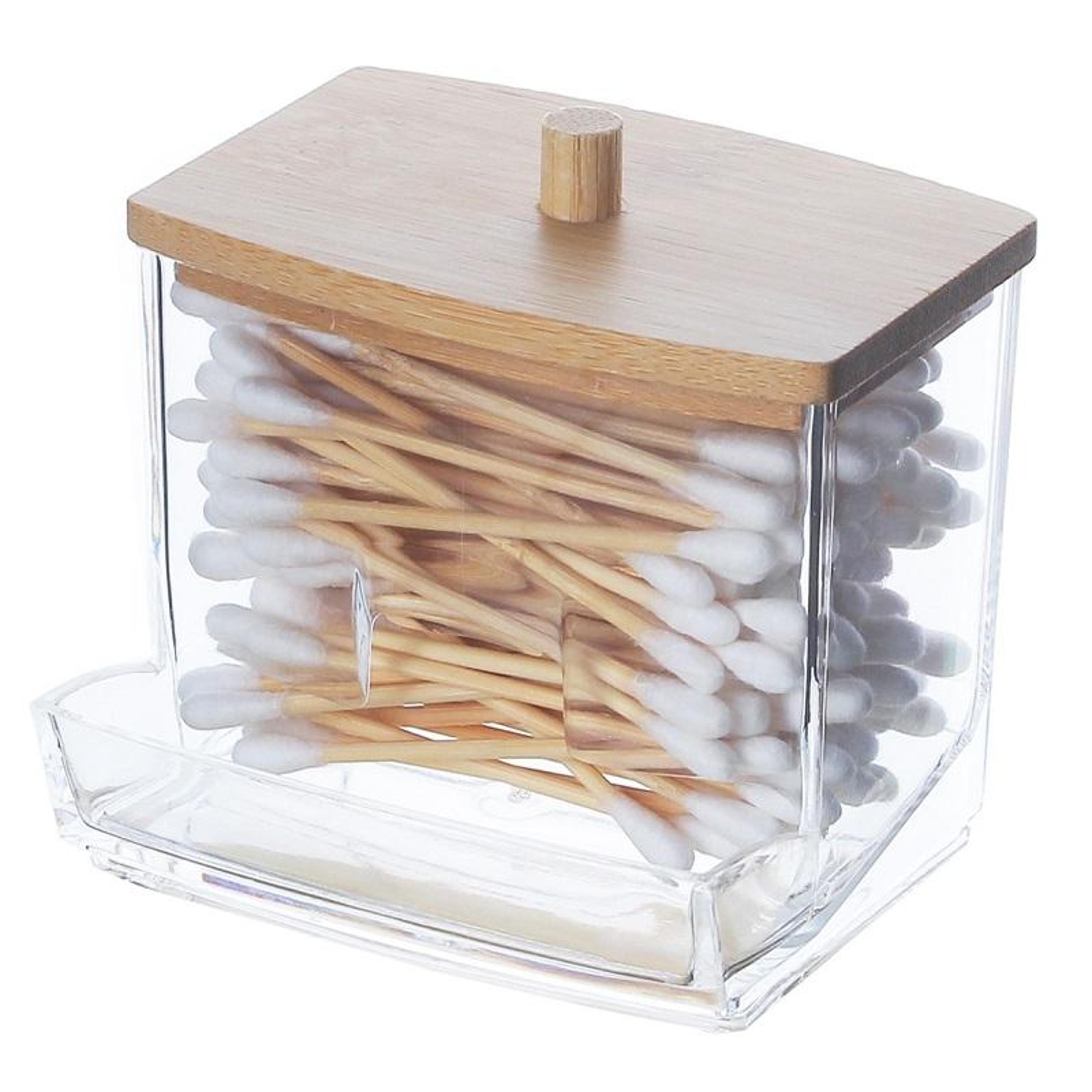 acrylic makeup organizer with bamboo lid cotton swab holder vanity storage box