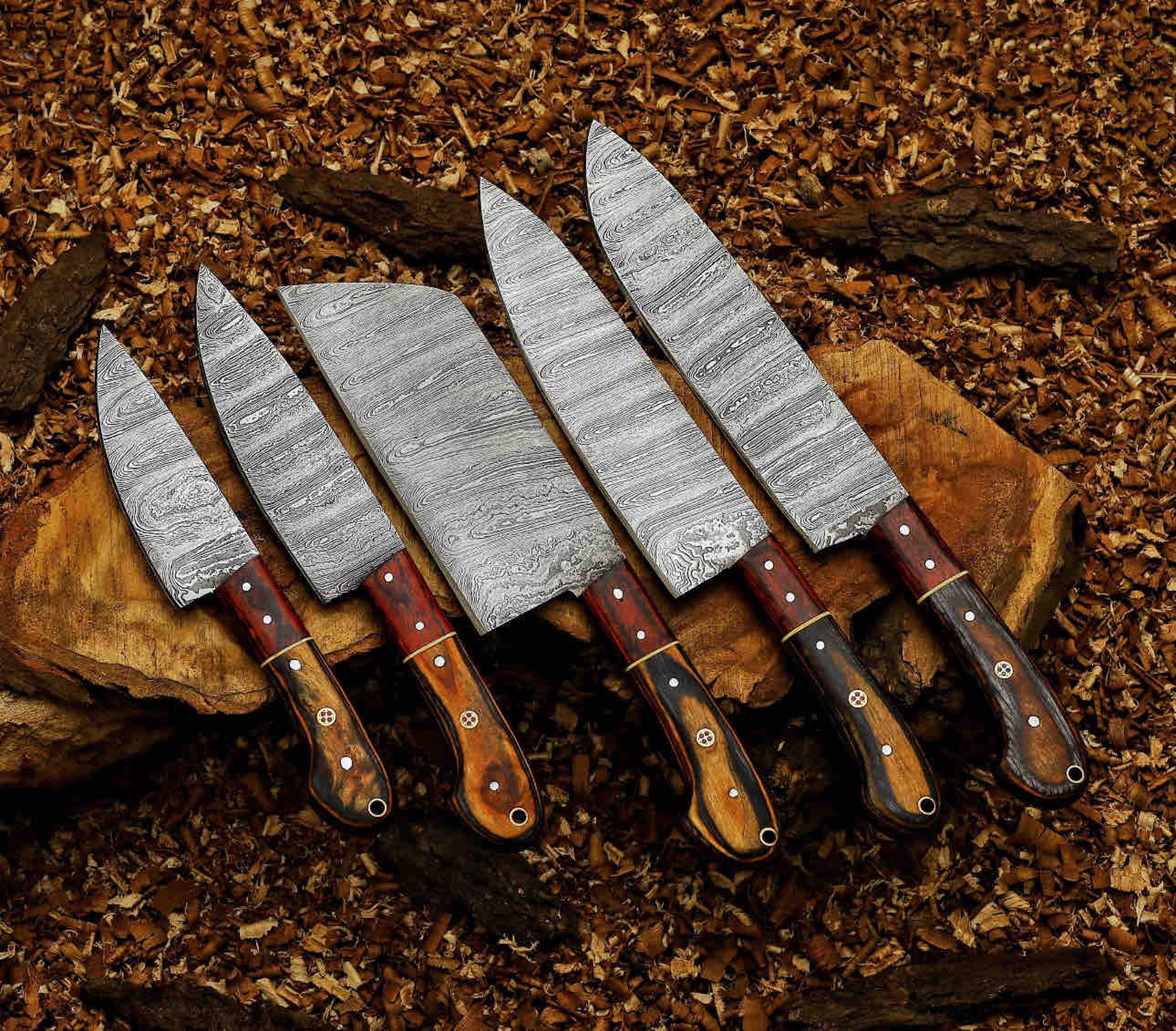handmade damascus steel chef set with leather cover, hand forged kitchen bbq culinary set, best anniversary and birthday