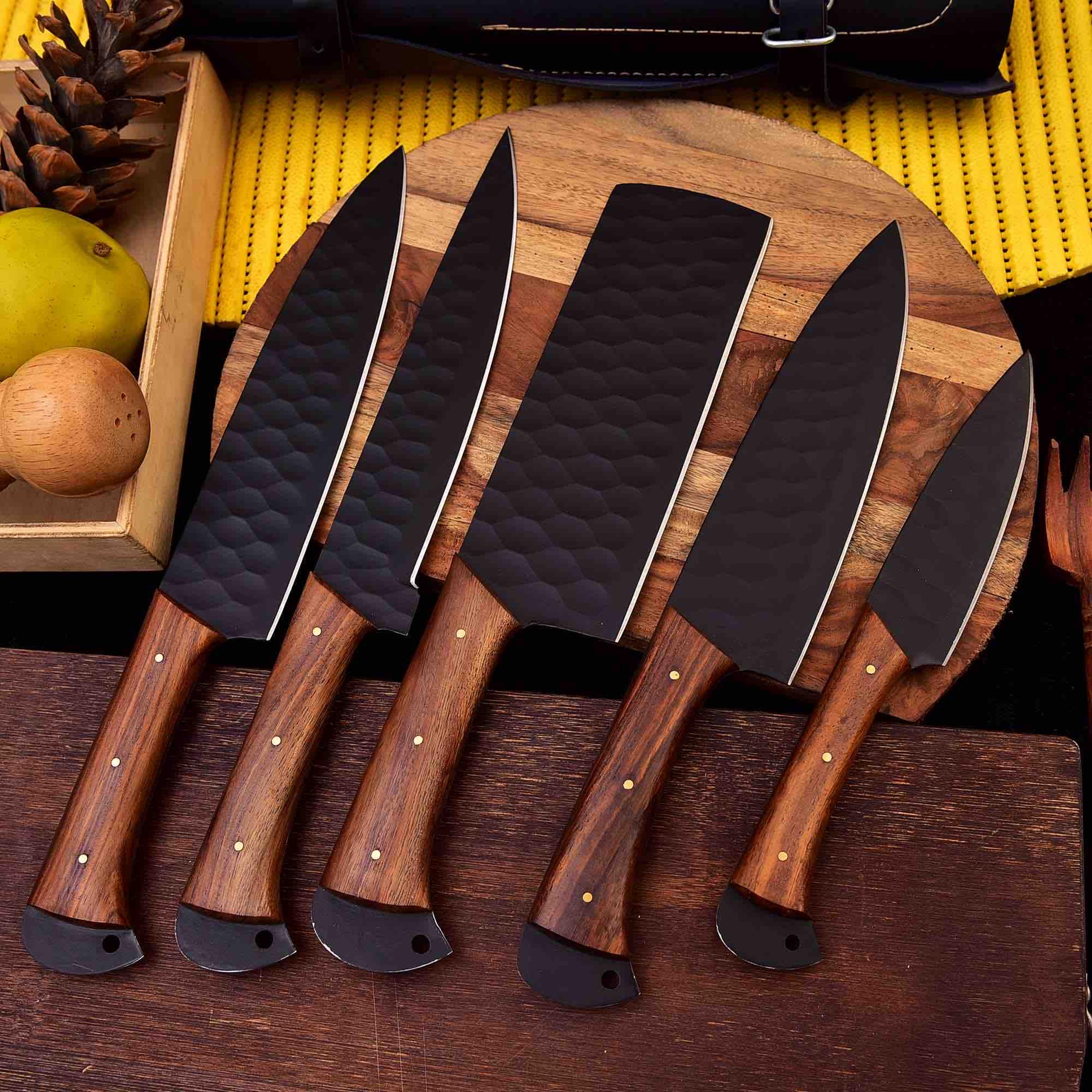 forged carbon coated steel chef set 5pcs with leather roll kit, handmade kitchen bbq culinary set, birthday