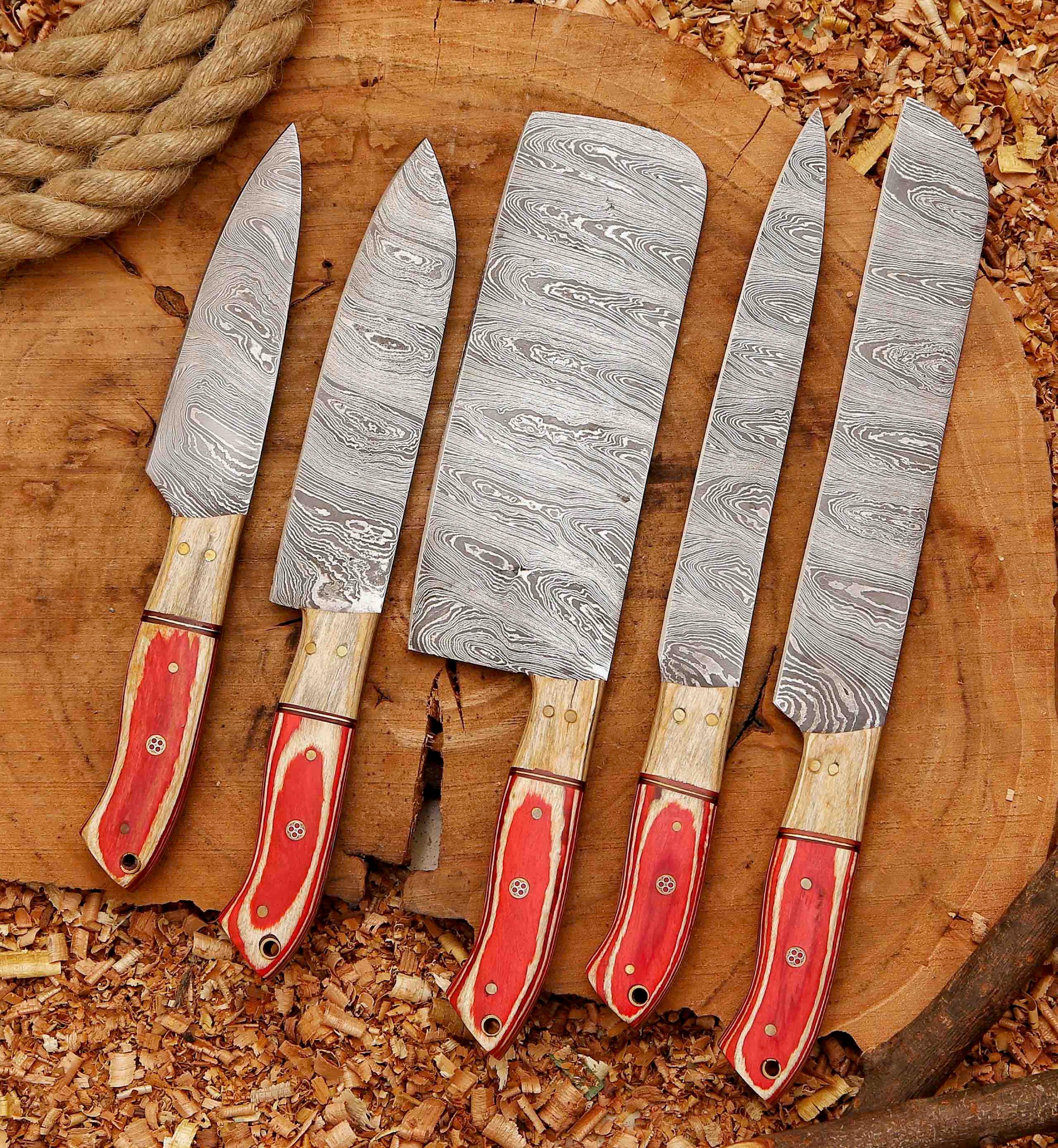 forged carbon coated steel chef set 5pcs with leather roll kit, handmade kitchen bbq set, birthday