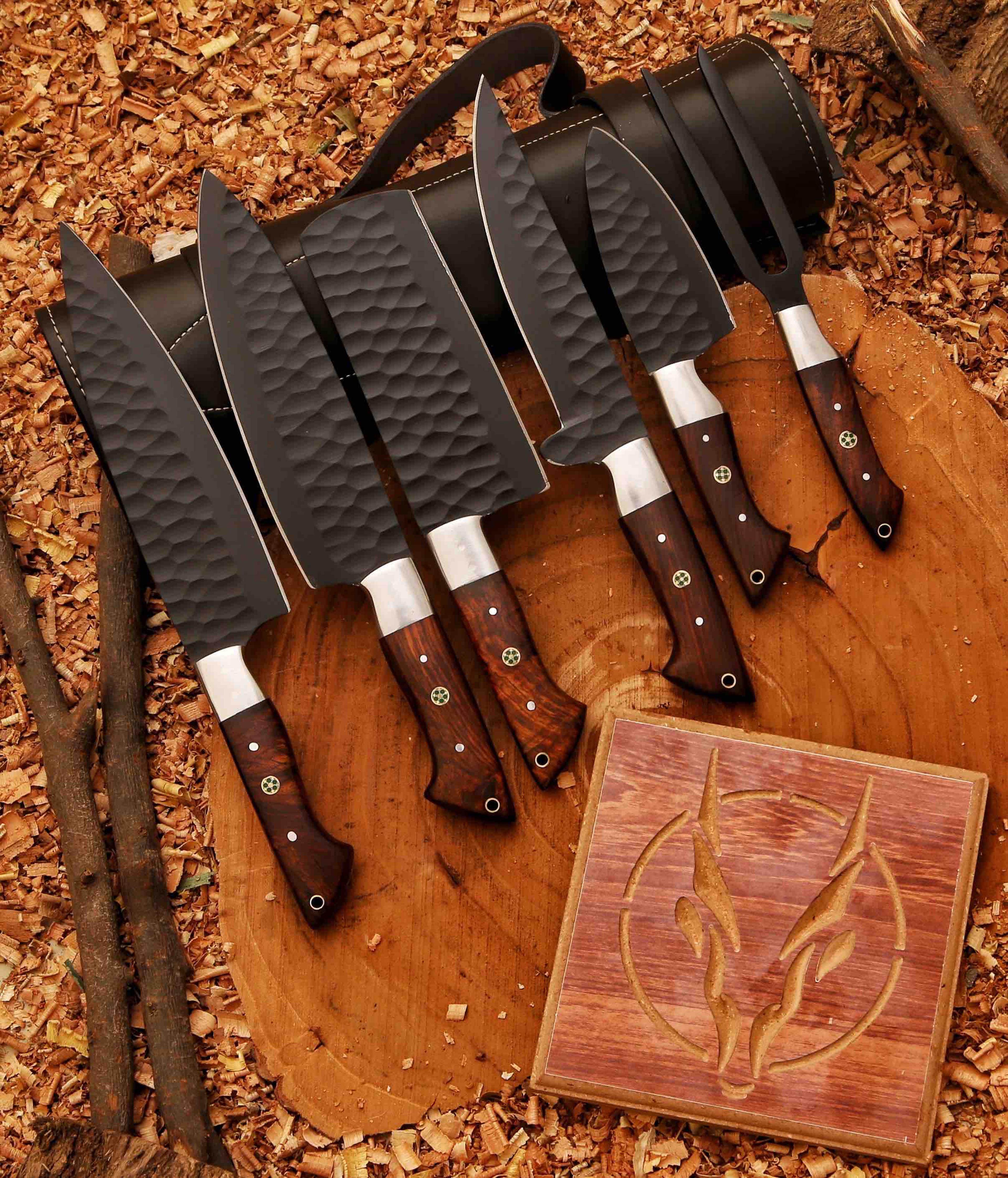 hand forged 5pcs damascus steel chef set, damascus knife set, chef knife set, damascus kitchen knife set personalized