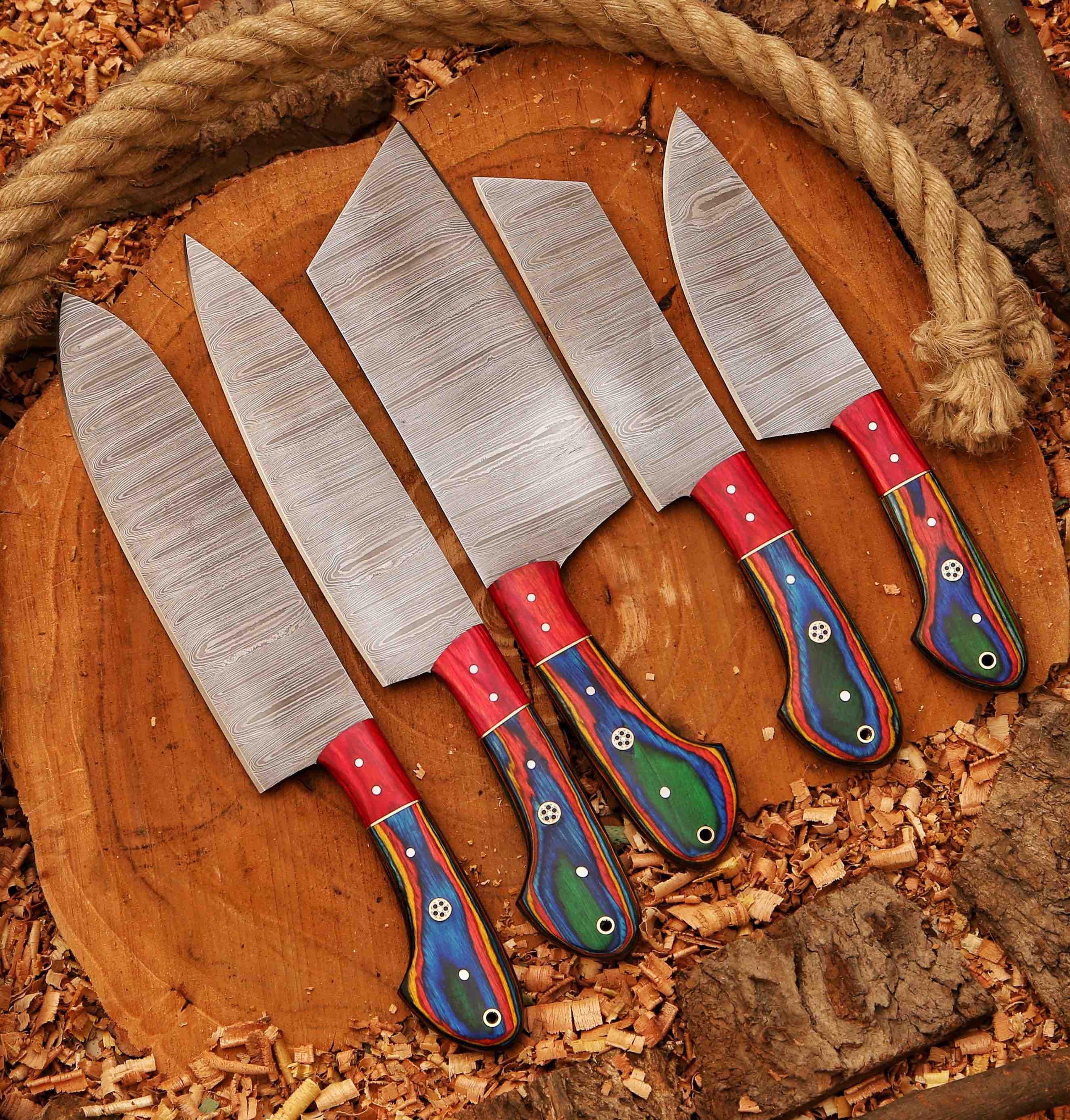custom handmade damascus steel chef knives set of 5 pieces, unique christmas gift, perfect kitchen knife set for him