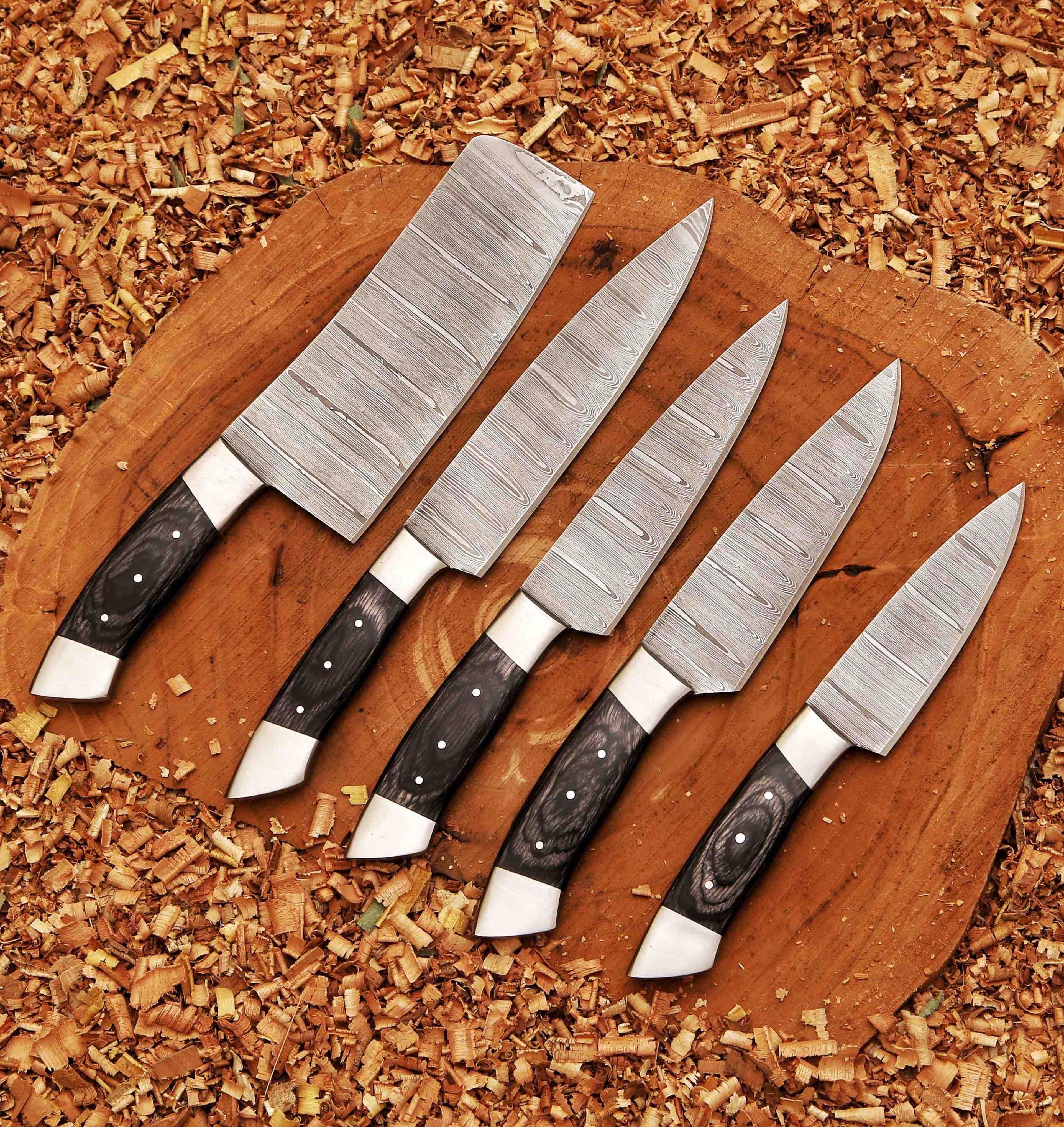 forged carbon coated steel chef set 5pcs with leather roll cover, handmade kitchen bbq culinary set, birthday