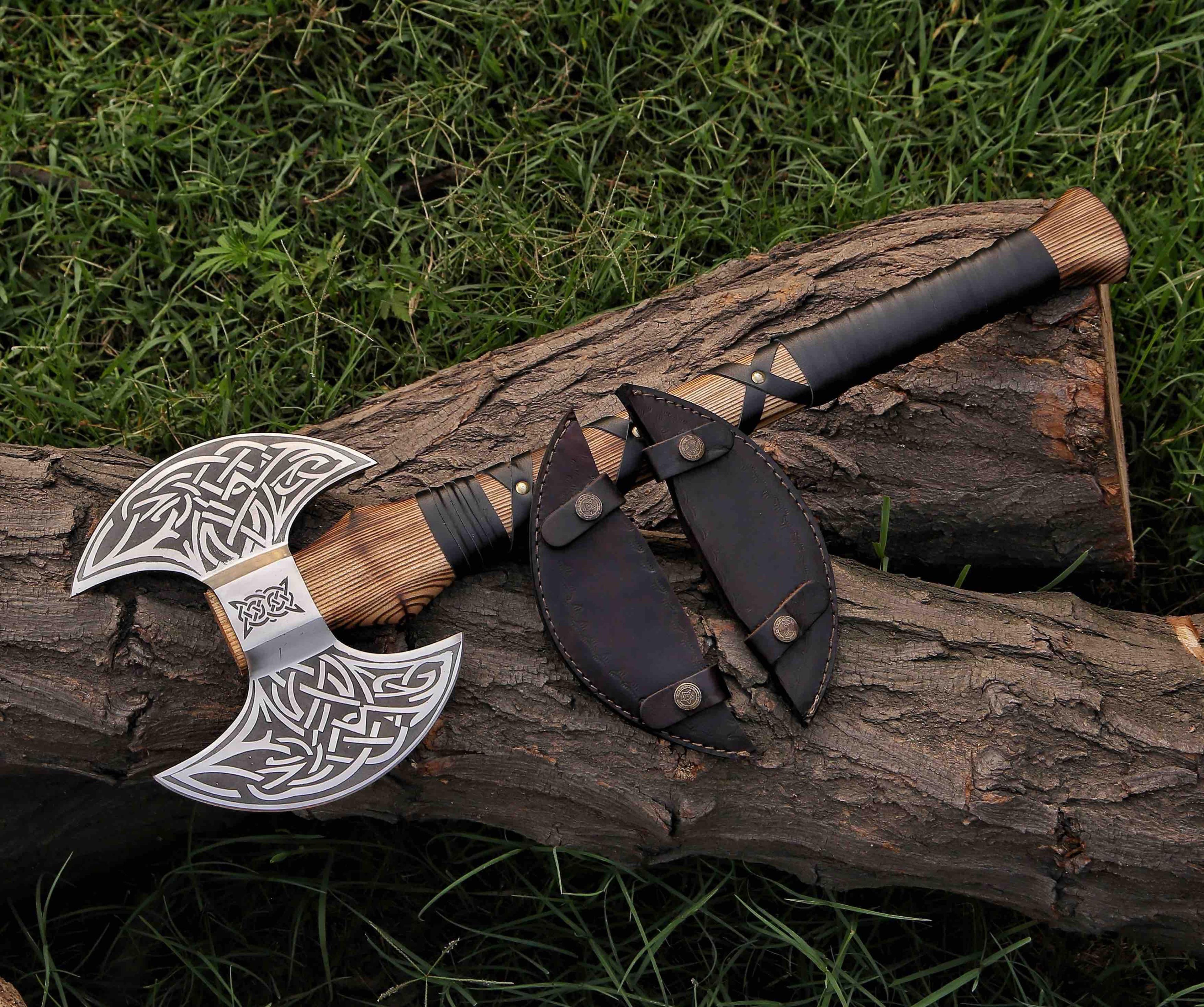 double headed viking axe, bearded axe hand forged steel double blade viking axe gift for him, christmas gift