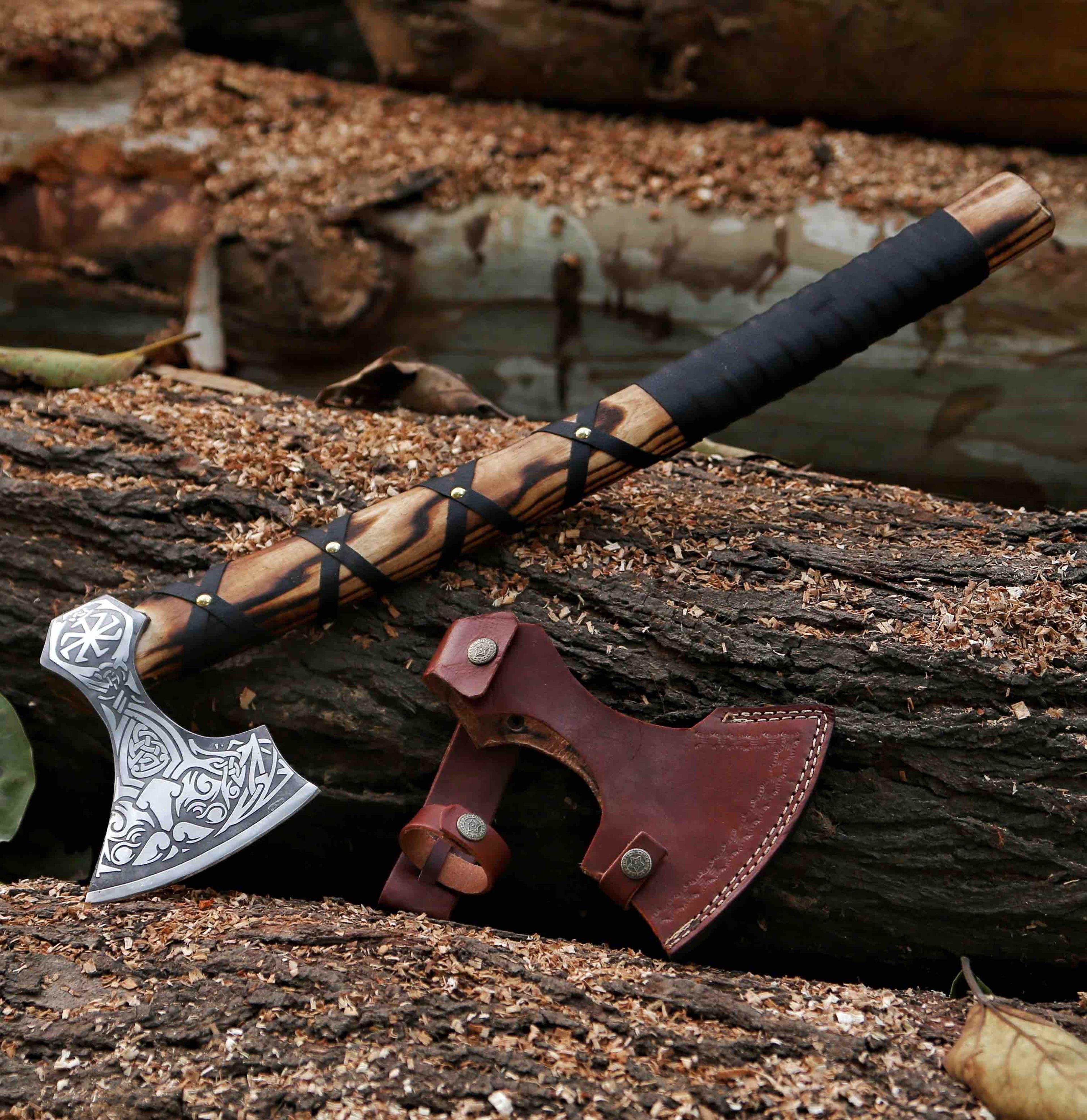genuine viking bearded axe-etched axe viking axe with leather wrap and leather sheath best gift for men