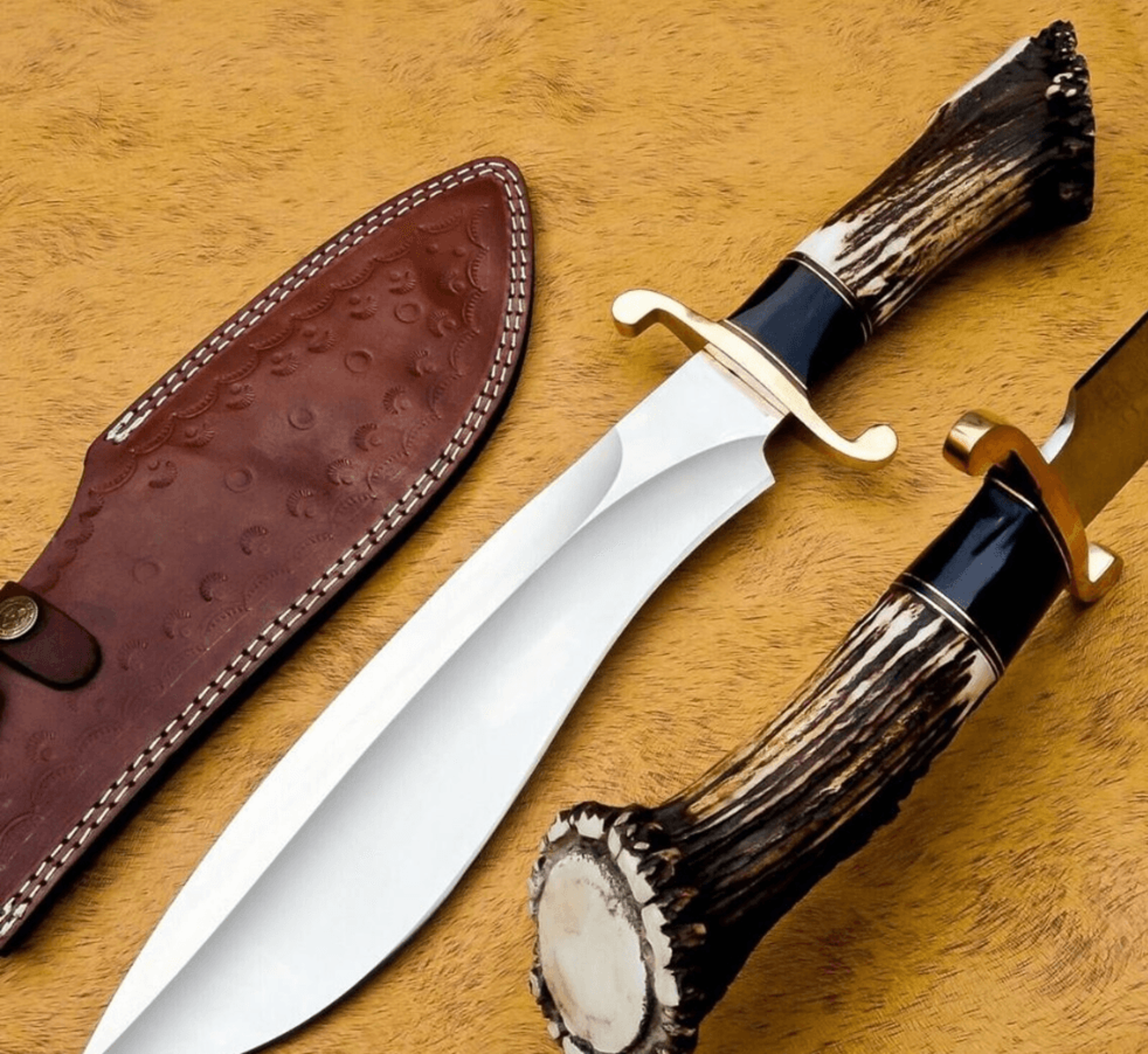 handmade bowie knife with stag antler handle | d2 steel blade with brass guard & leather sheath | hunting & outdoor knif