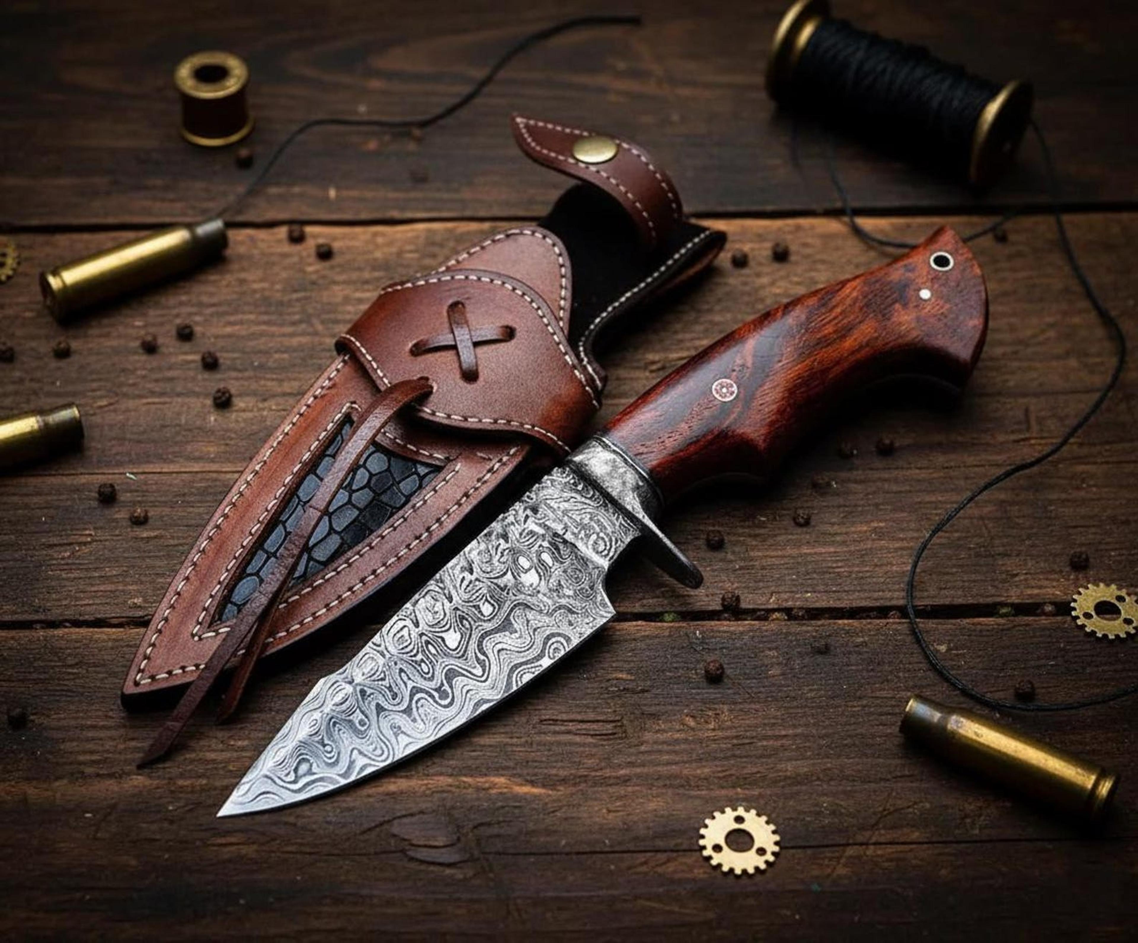 10" handmade damascus steel hunting knife – rosewood handle fixed blade for camping & survival