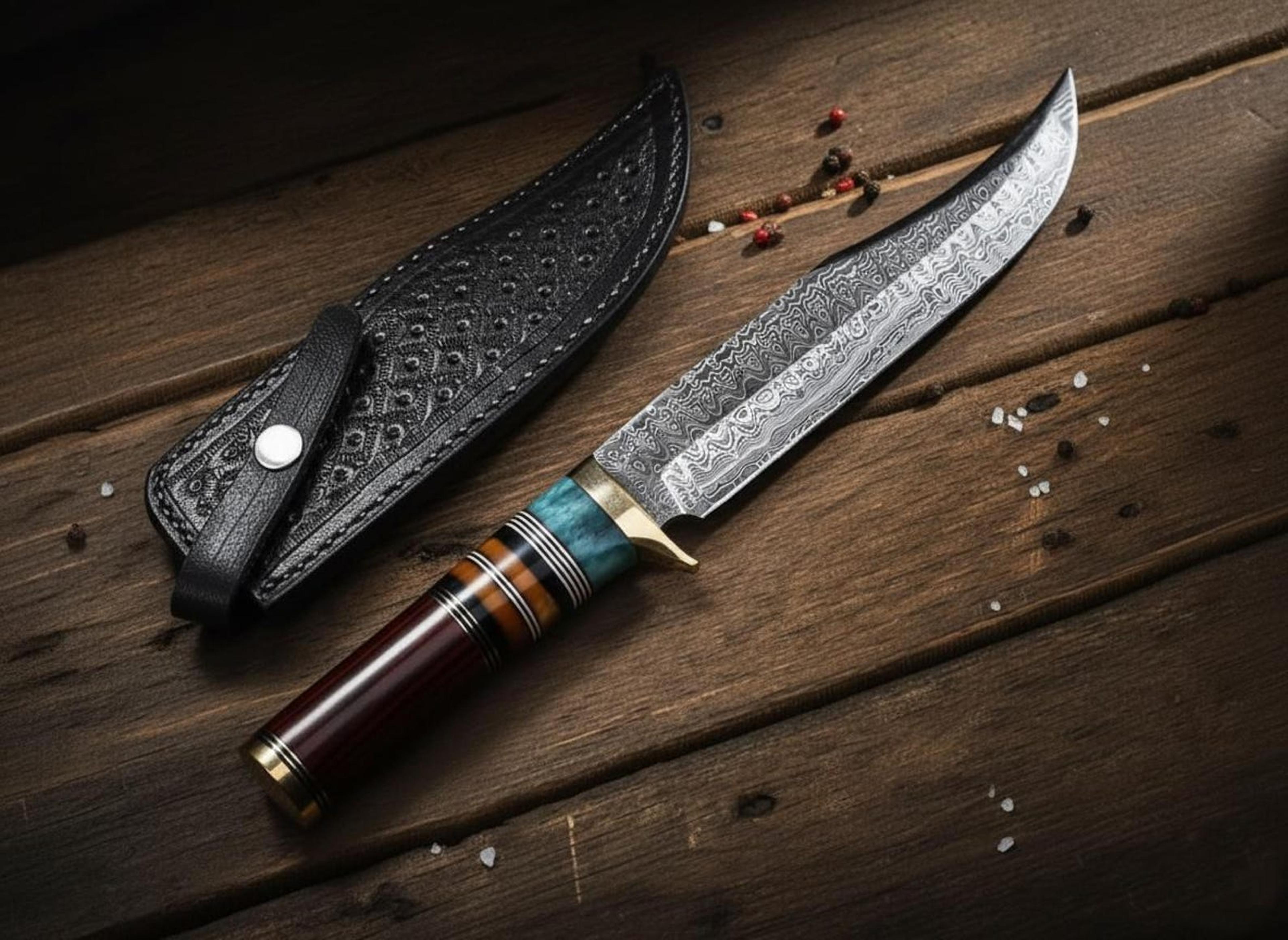 handmade damascus steel tracker knife – full tang resin wood handle with leather sheath