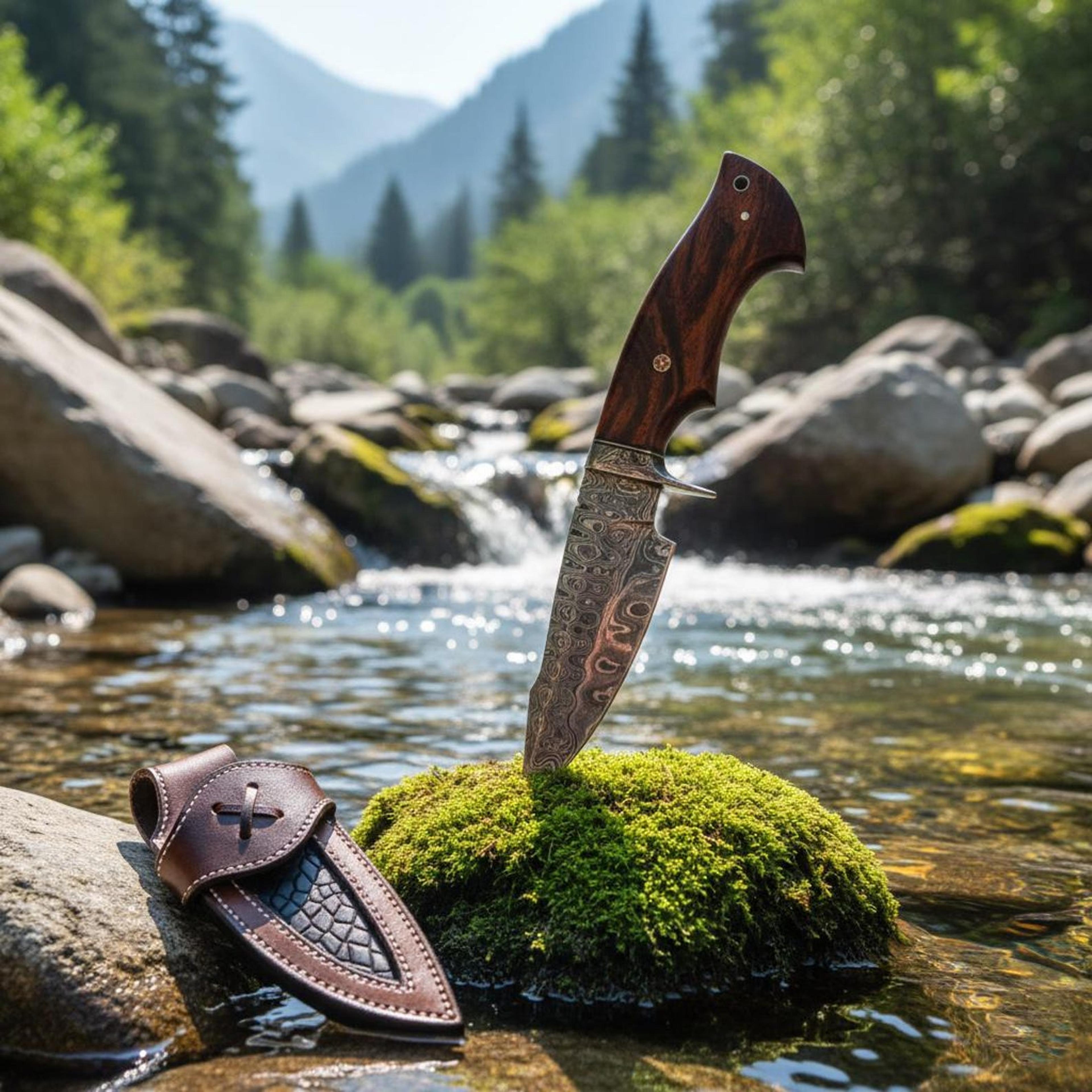 10" handmade damascus steel hunting knife – rosewood handle fixed blade for camping & survival example