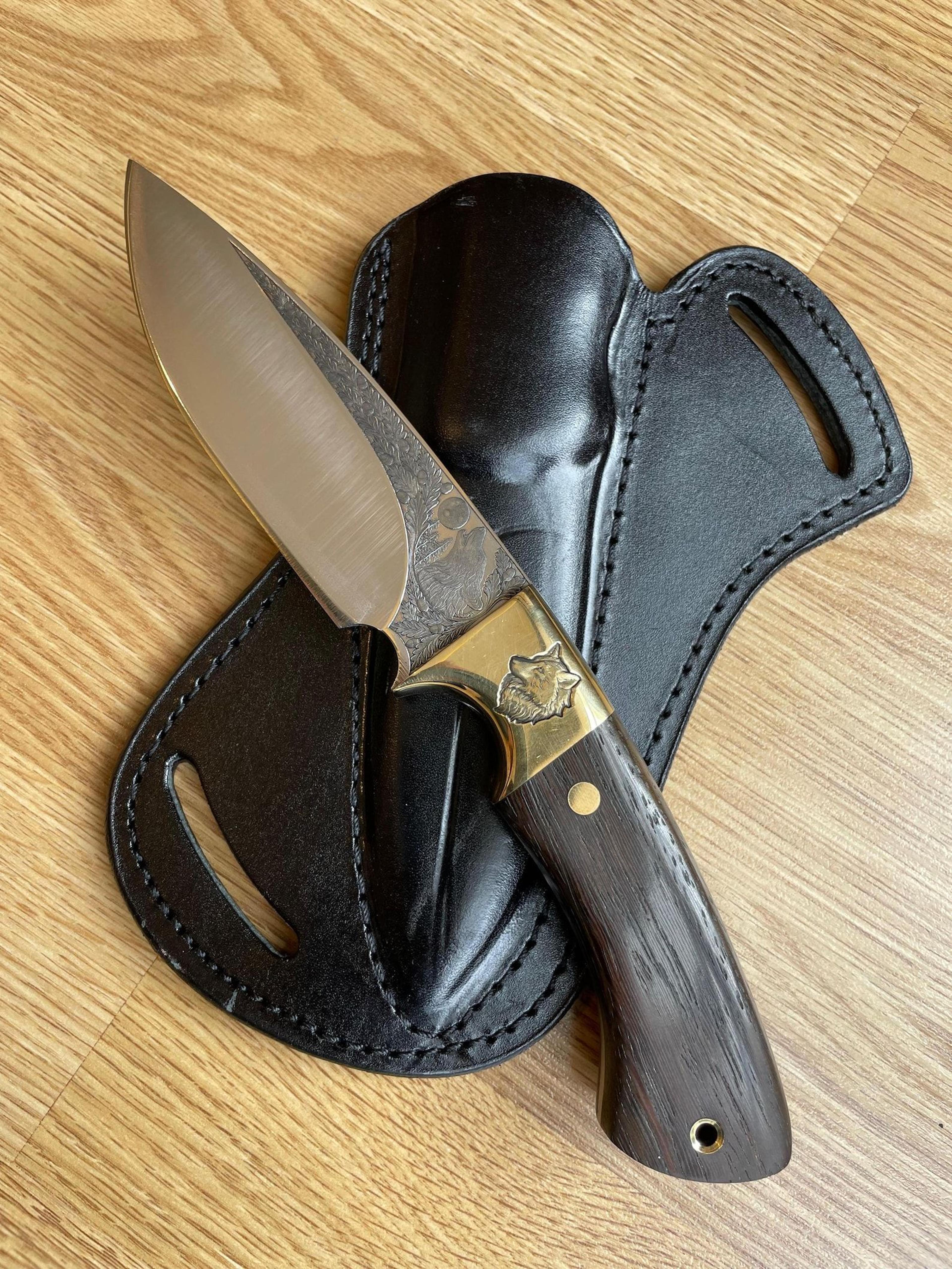 hunting knife 1075 carbon steel wolf engraved blade ebony wood handle brass bolsters