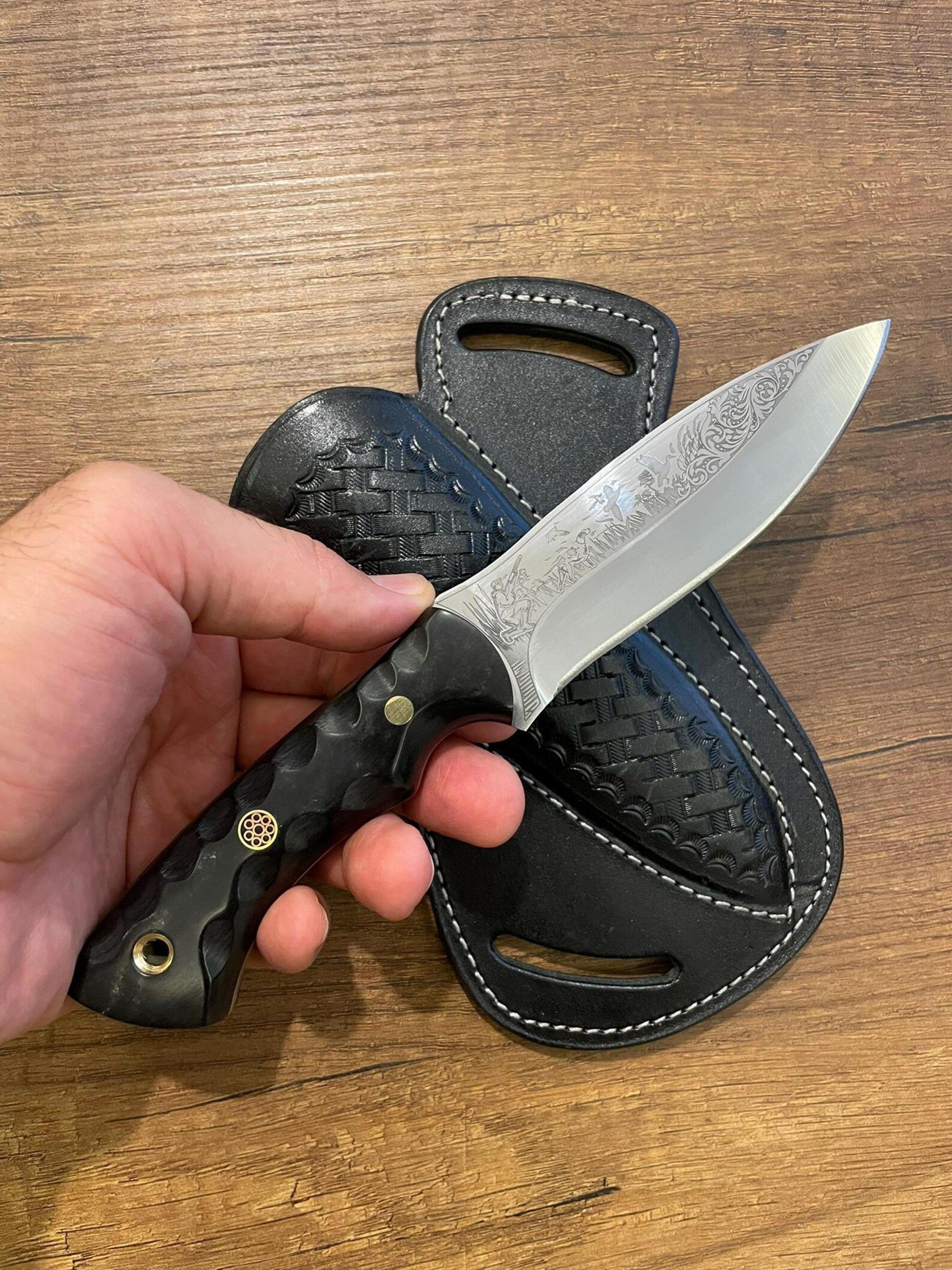 hunting knife 1075 carbon steel black compact handle full tang edc camping knife