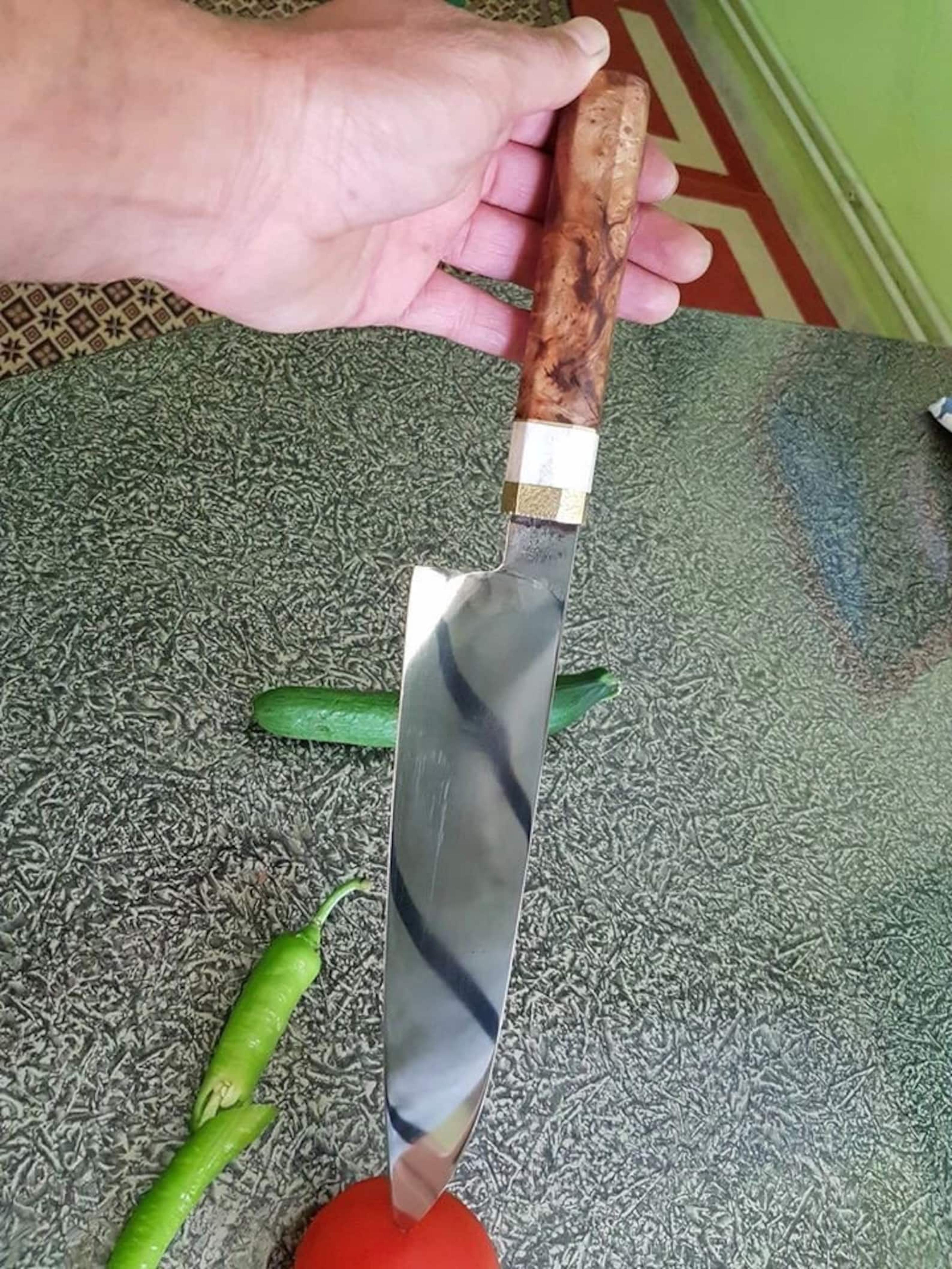 handmade 1075 carbon steel xl chef knife – chestnut wood & stag horn handle