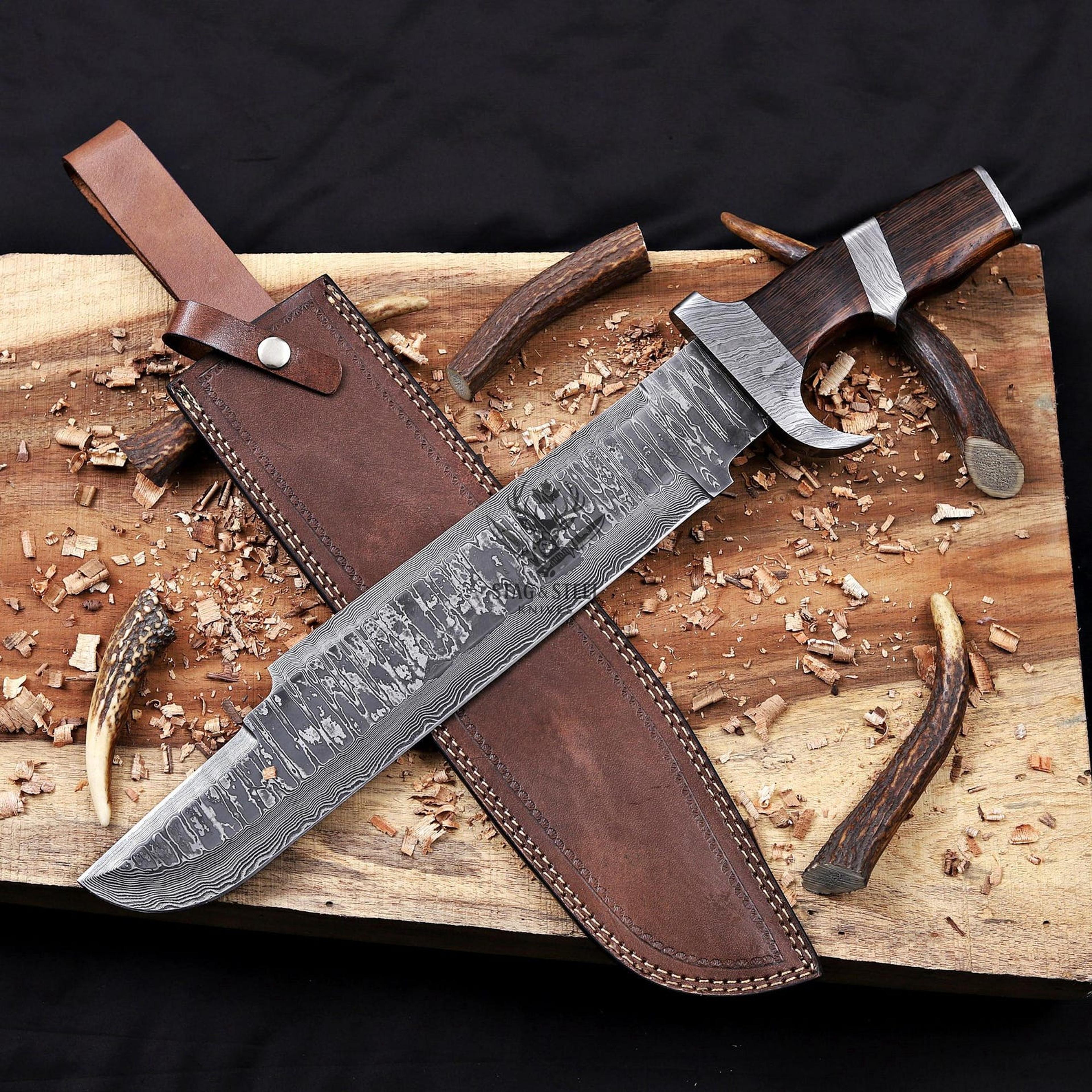tactical predator bowie knife – damascus steel hunting survival blade