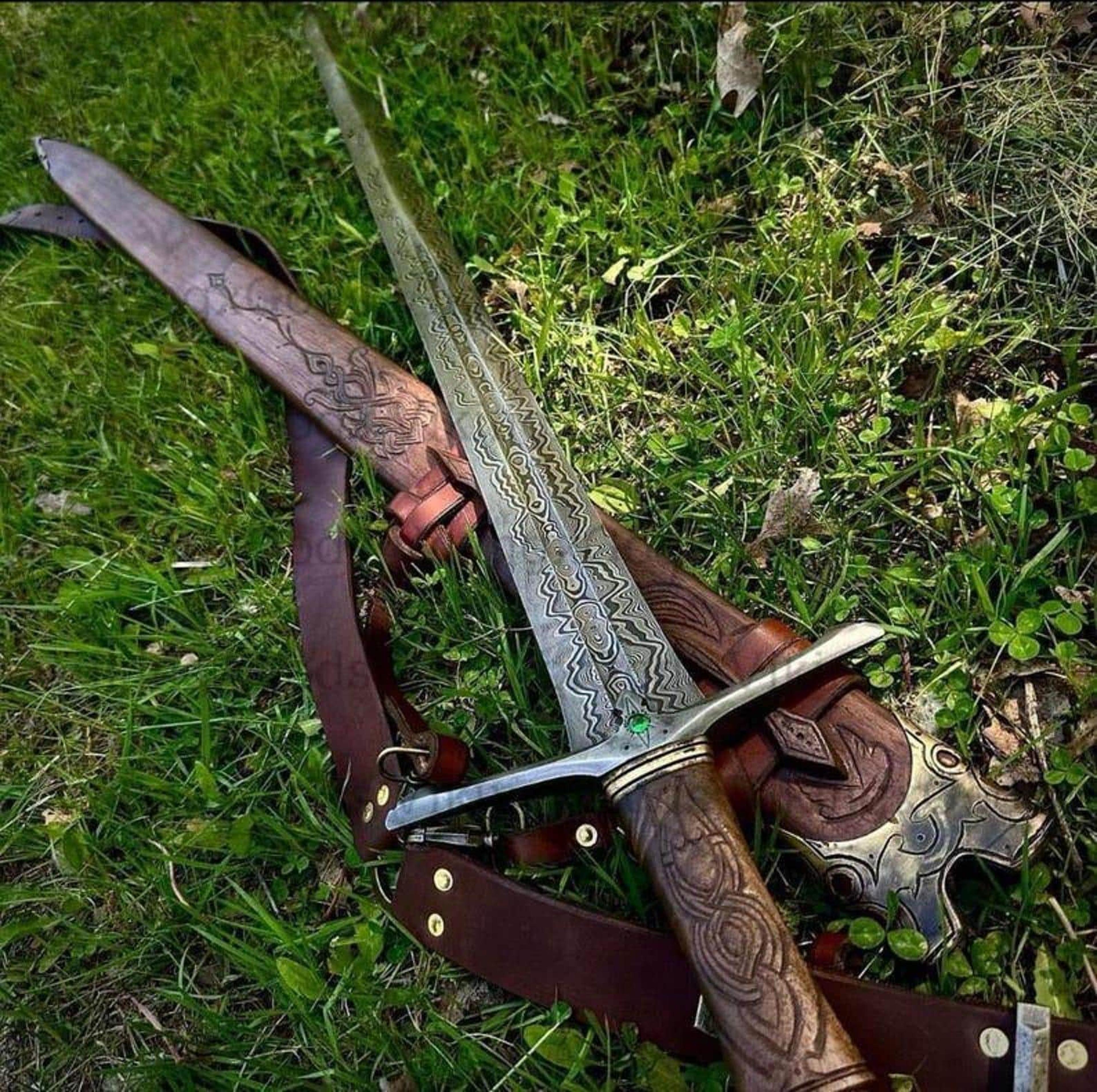 handmade elven fantasy sword damascus steel blade with rosewood handle & silver accents